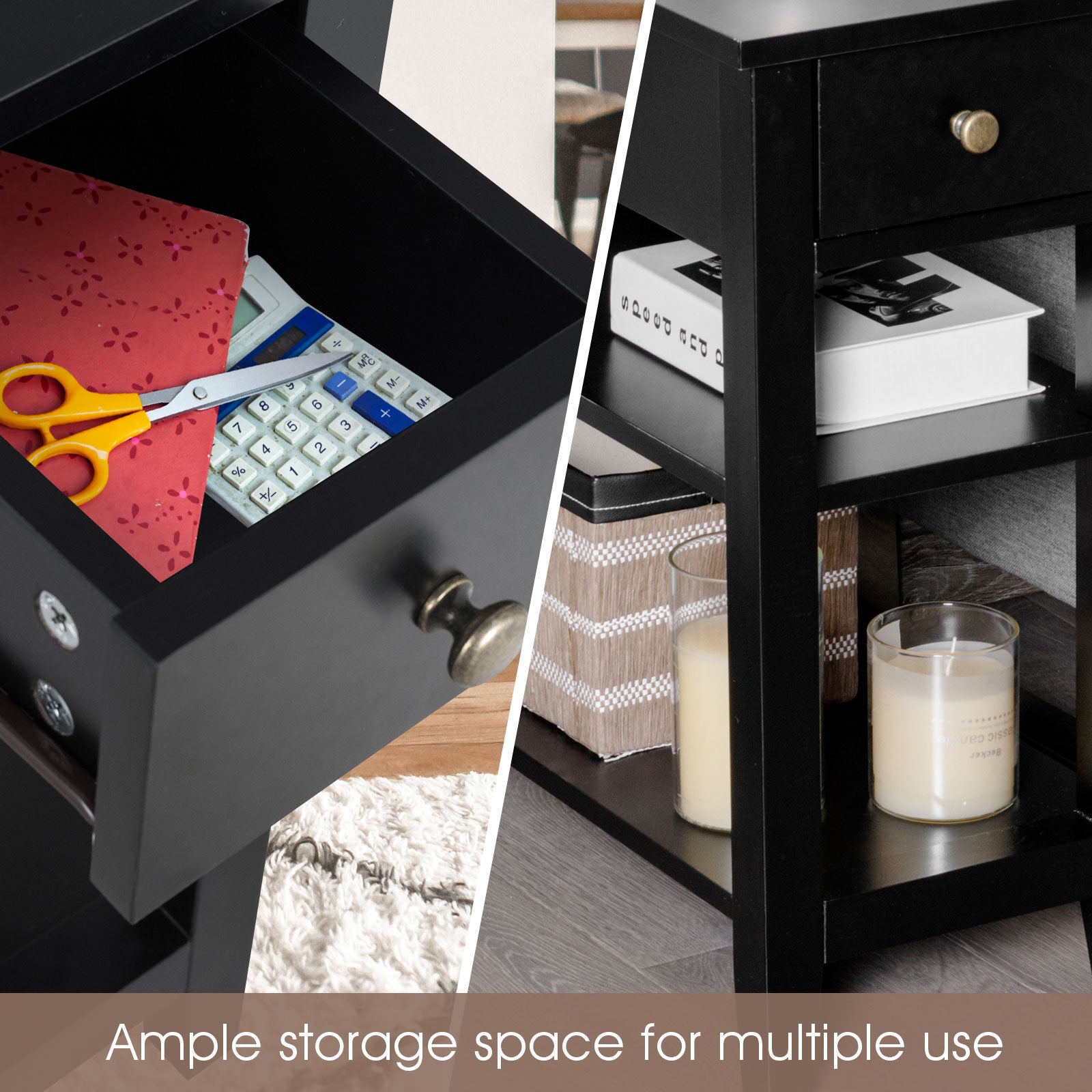 3-Tier End Table with One Drawer and Double Shelves for Bedroom Living Room-Black