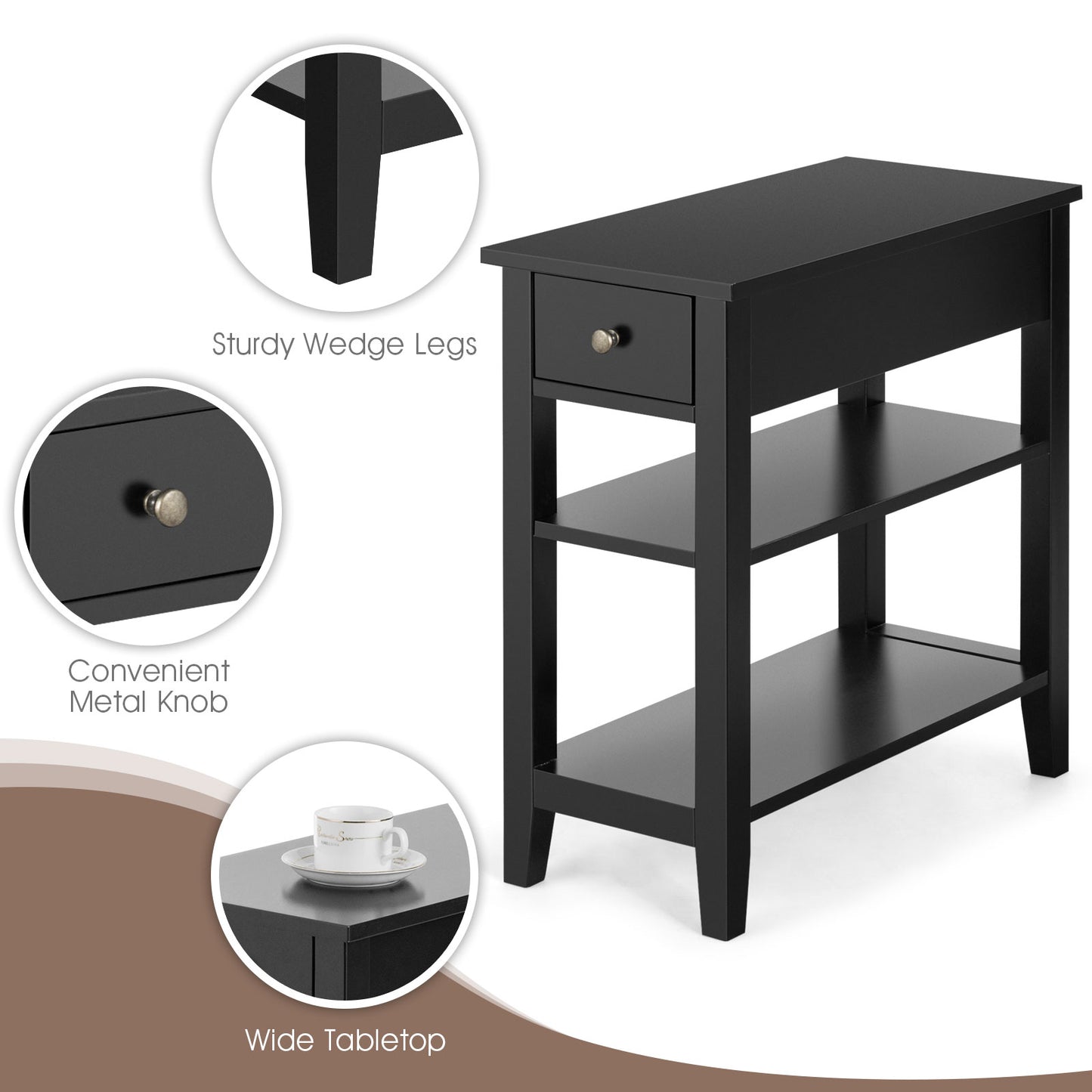3-Tier End Table with One Drawer and Double Shelves for Bedroom Living Room-Black