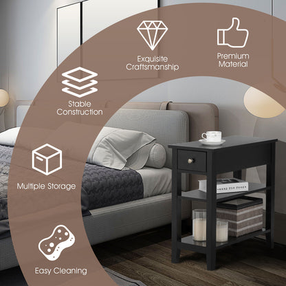 3-Tier End Table with One Drawer and Double Shelves for Bedroom Living Room-Black