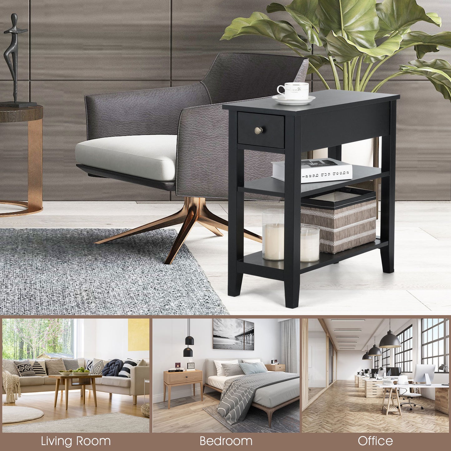 3-Tier End Table with One Drawer and Double Shelves for Bedroom Living Room-Black