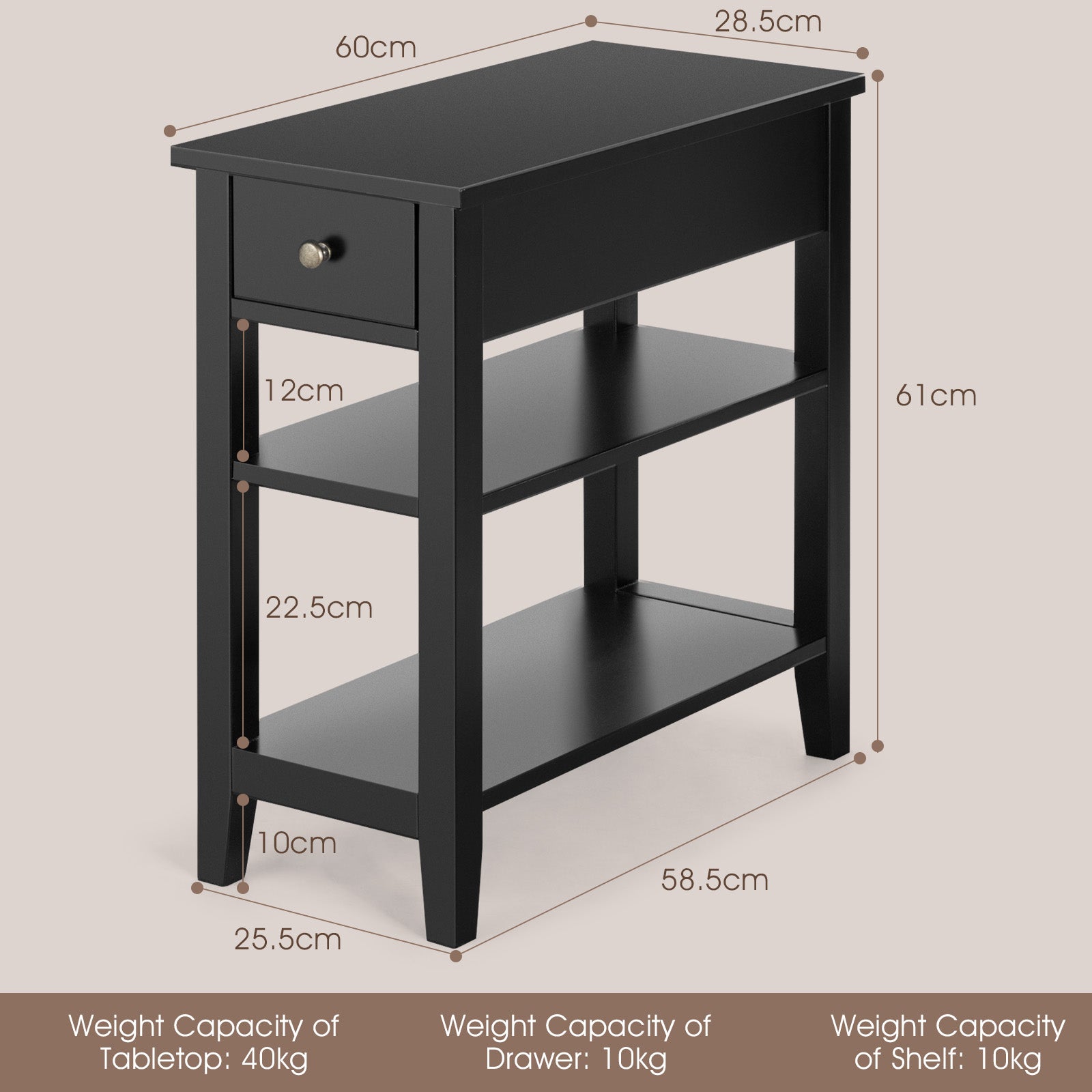3-Tier End Table with One Drawer and Double Shelves for Bedroom Living Room-Black