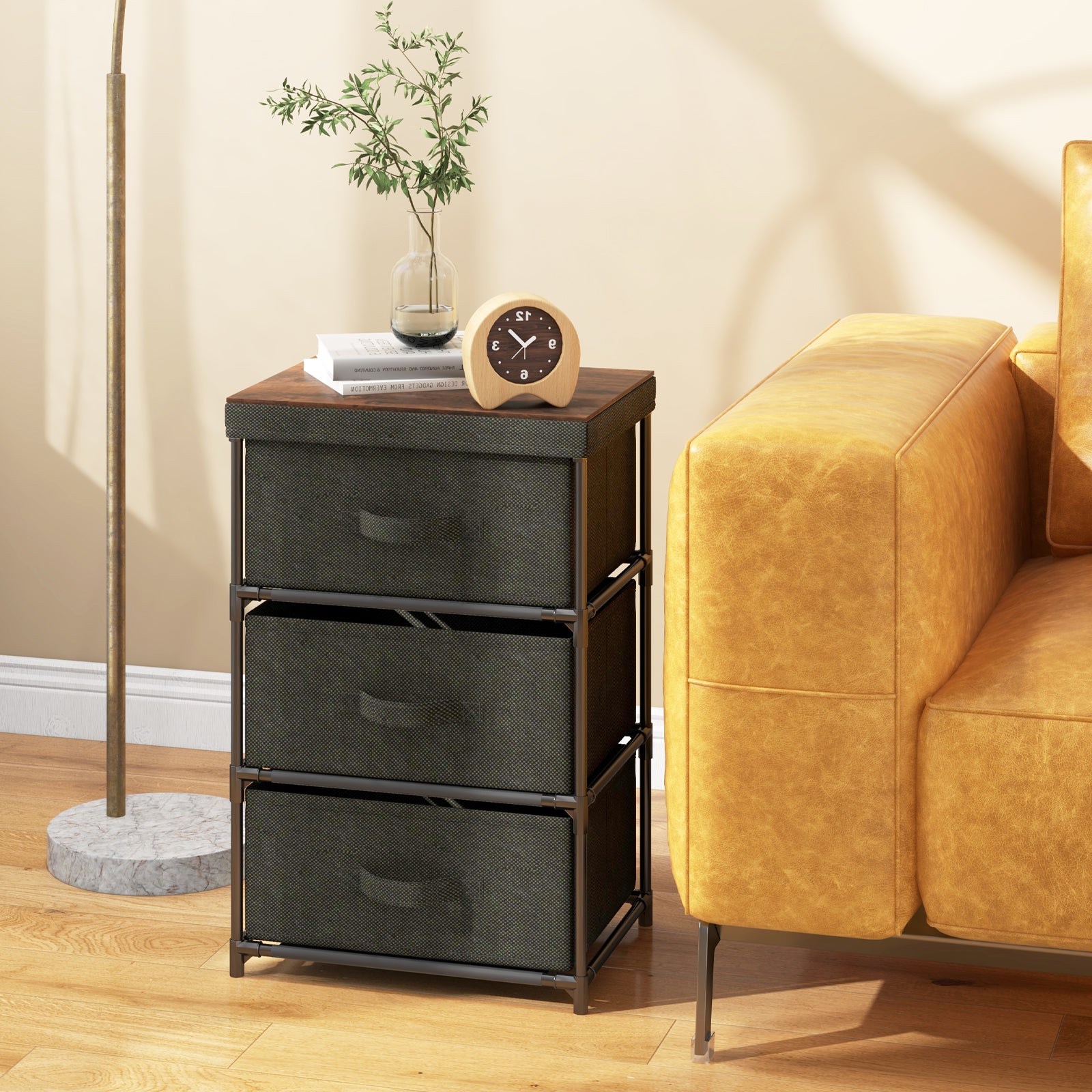 3-Tier Fabric Dresser with 3 Drawers-Black