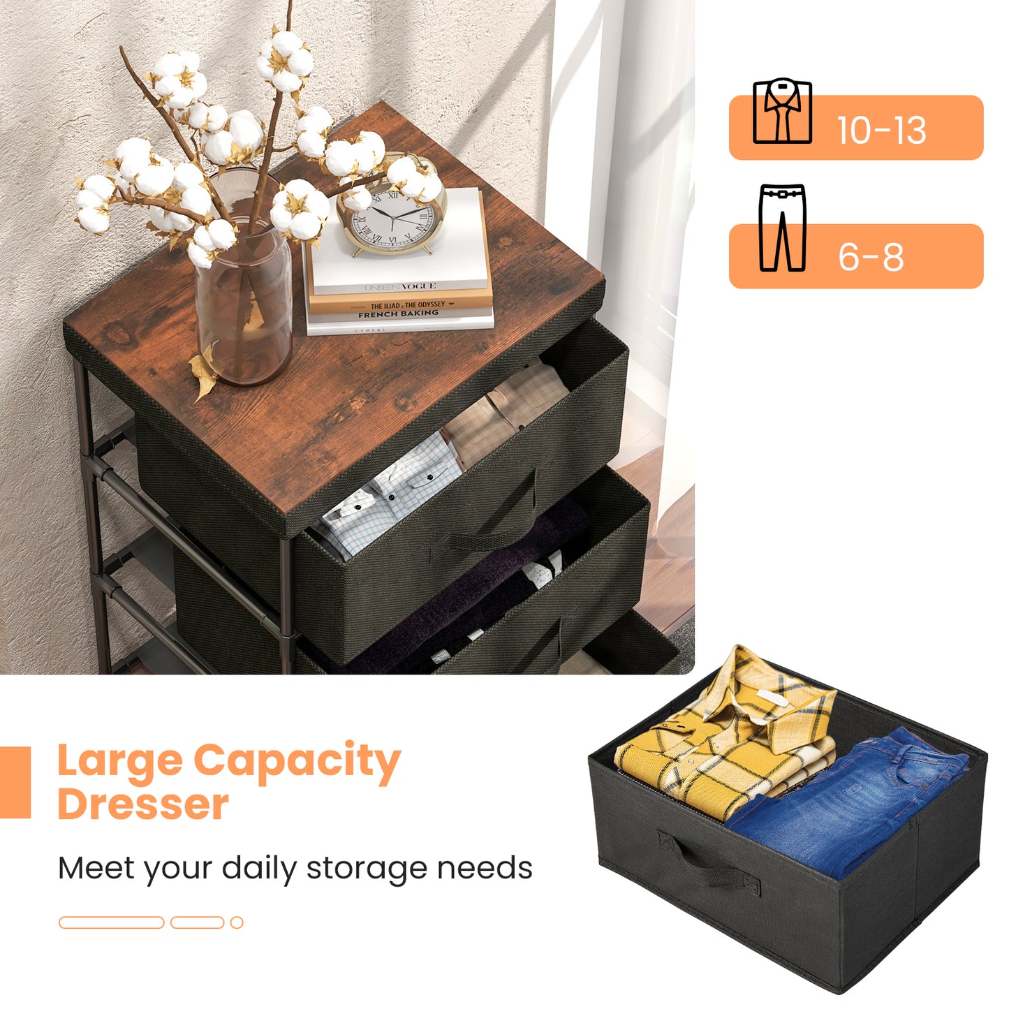 3-Tier Fabric Dresser with 3 Drawers-Black