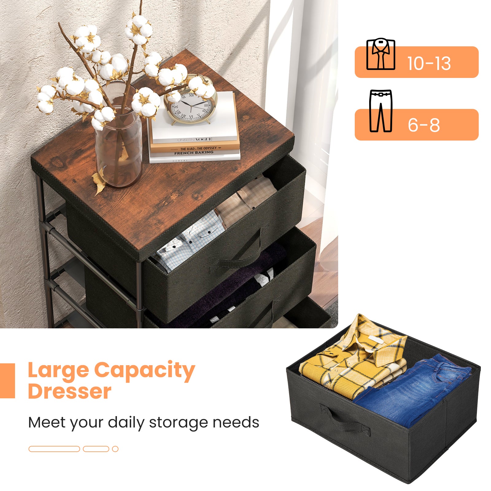 3-Tier Fabric Dresser with 3 Drawers-Black