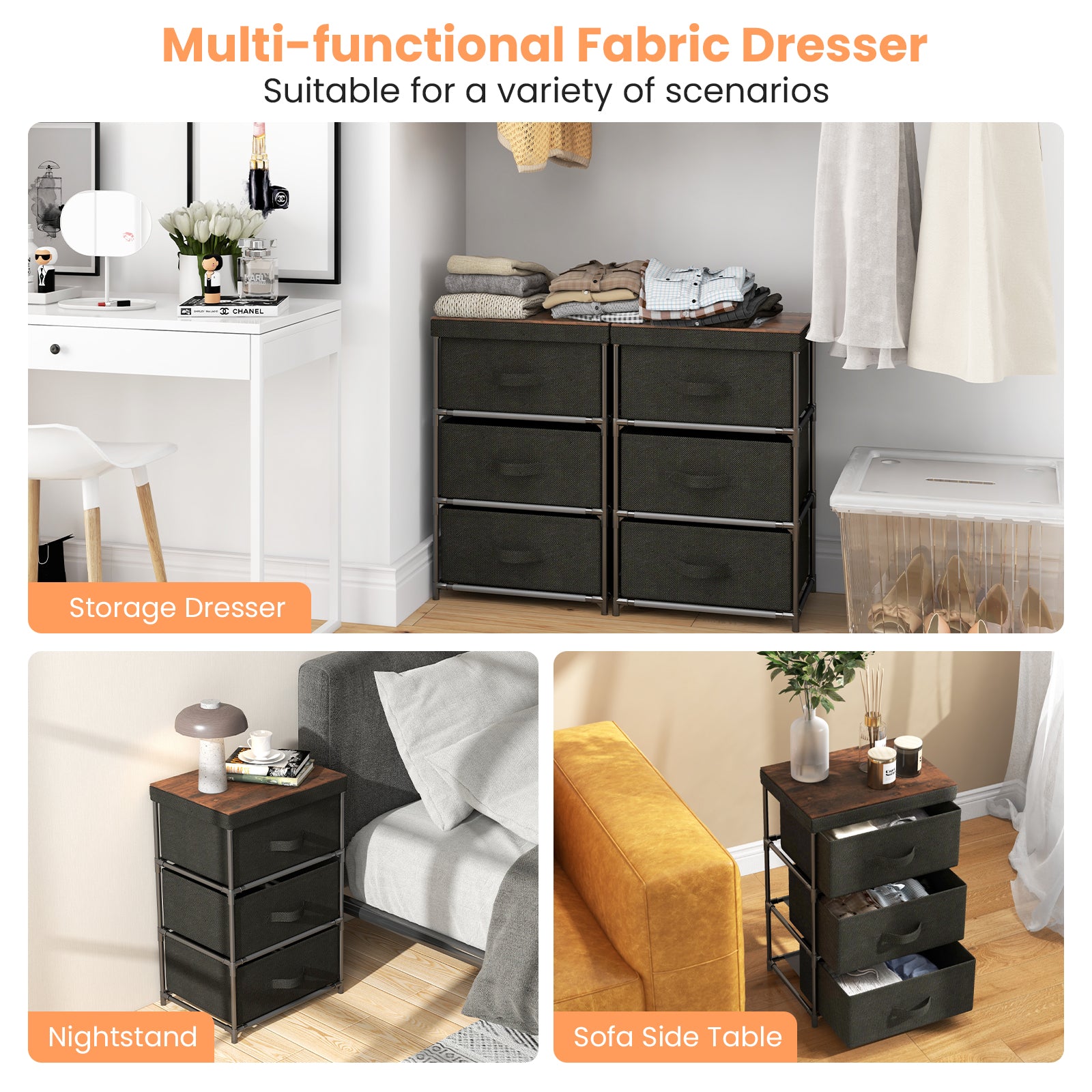 3-Tier Fabric Dresser with 3 Drawers-Black