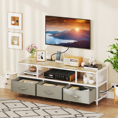 3-Tier TV Stand for TVs up to 65 Inch with Power Outlets USB Charging-Natural