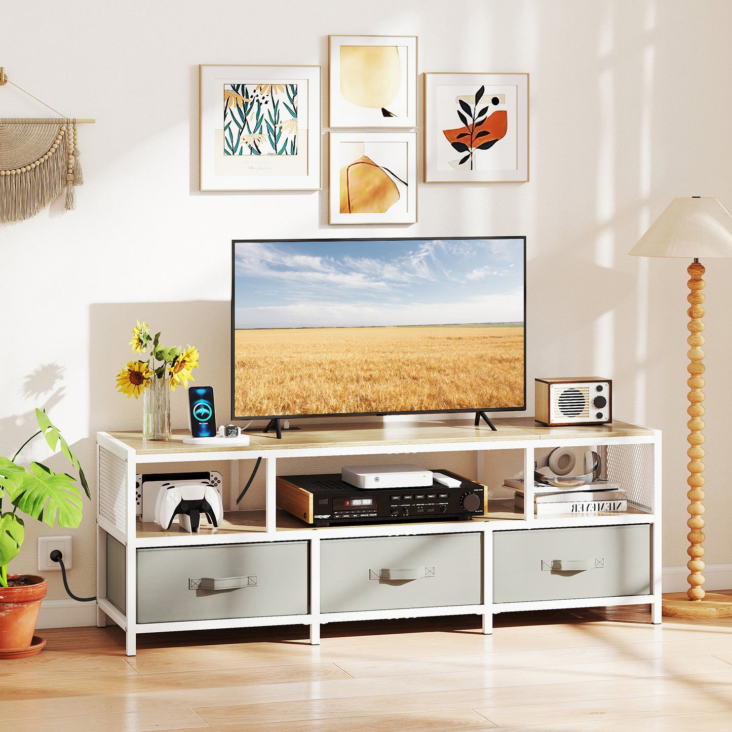 3-Tier TV Stand for TVs up to 65 Inch with Power Outlets USB Charging-Natural