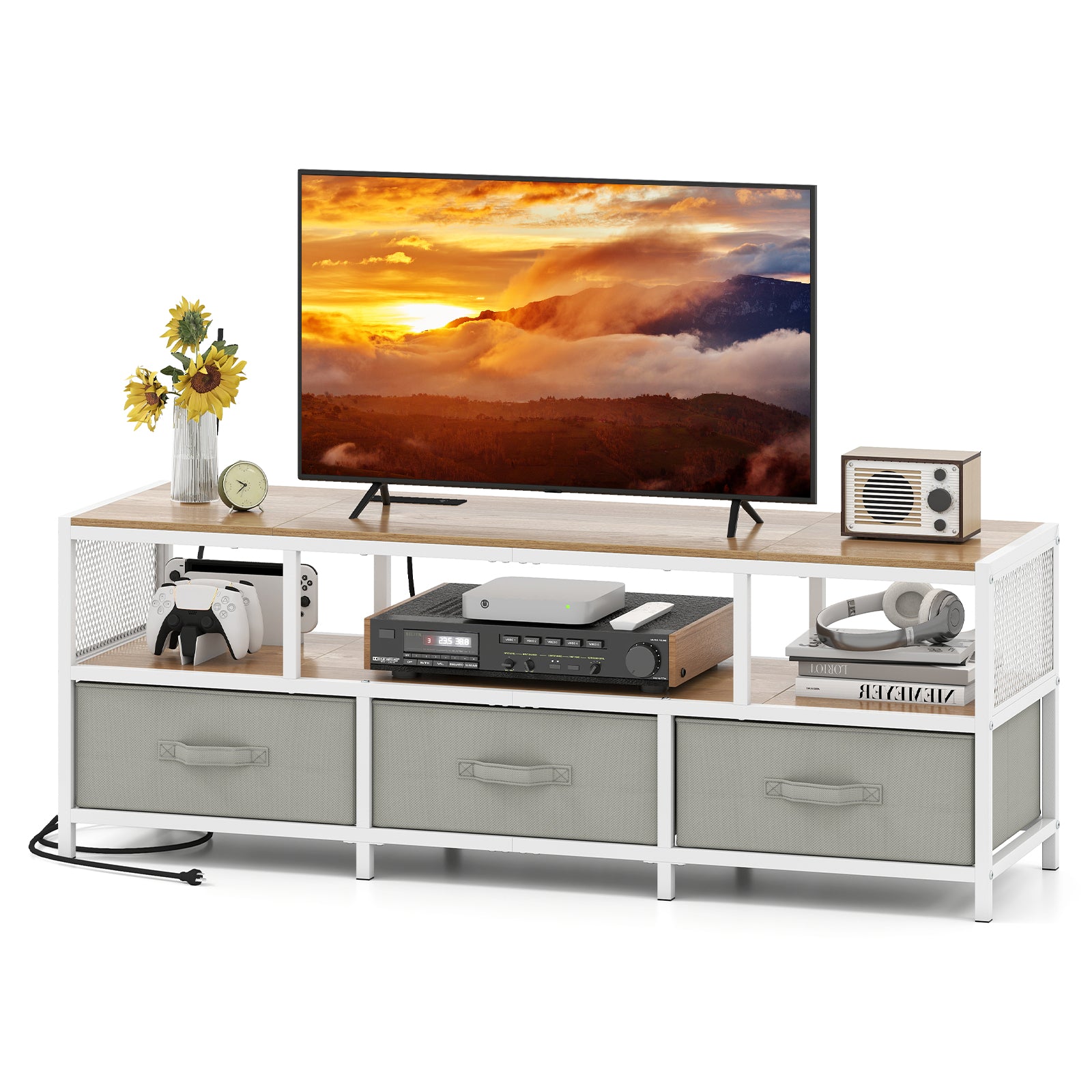3-Tier TV Stand for TVs up to 65 Inch with Power Outlets USB Charging-Natural