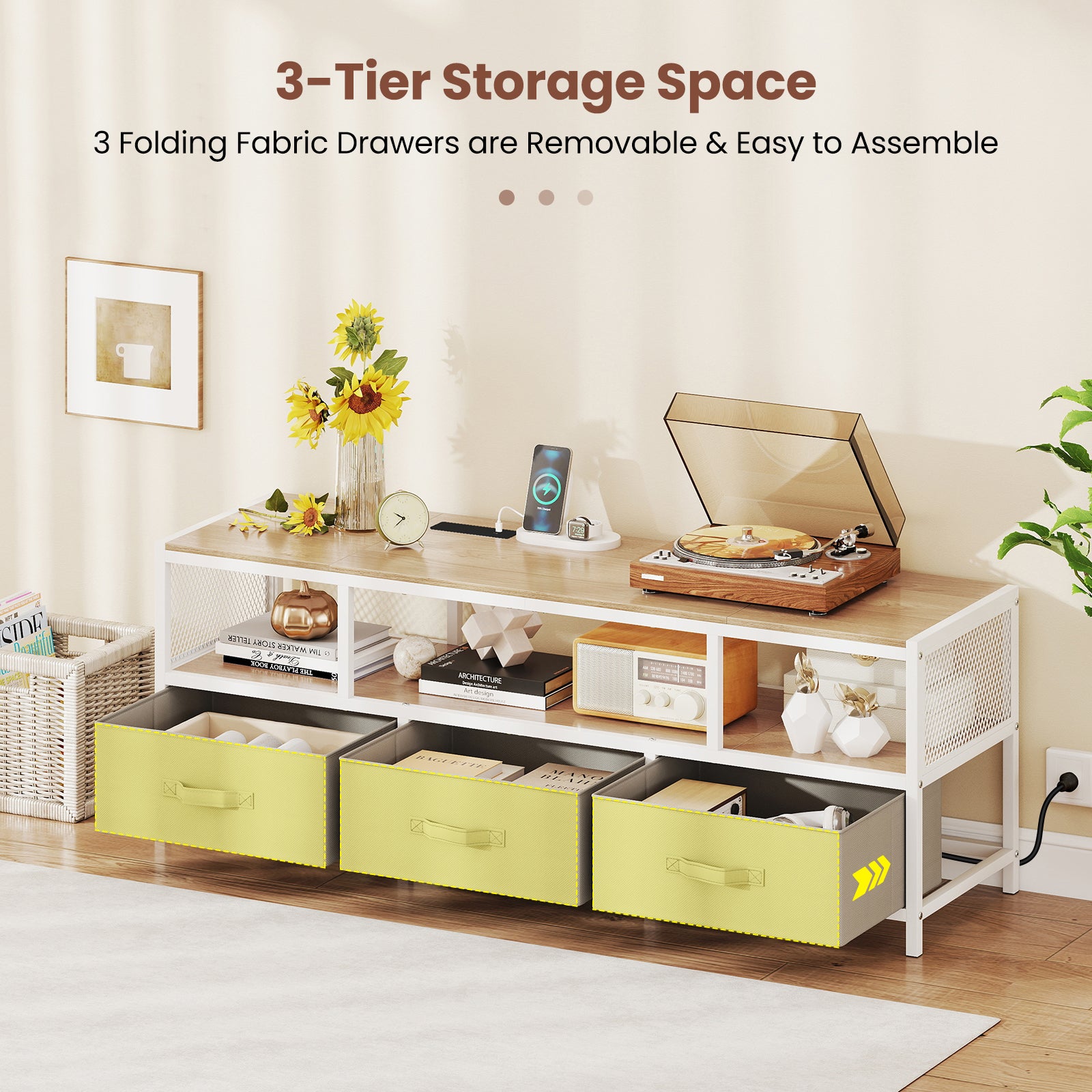 3-Tier TV Stand for TVs up to 65 Inch with Power Outlets USB Charging-Natural