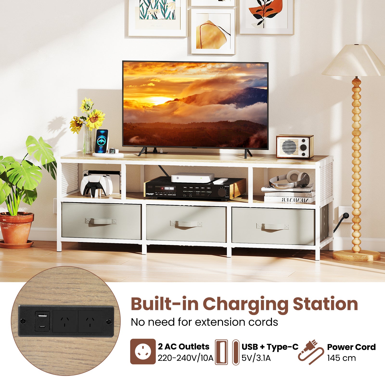 3-Tier TV Stand for TVs up to 65 Inch with Power Outlets USB Charging-Natural