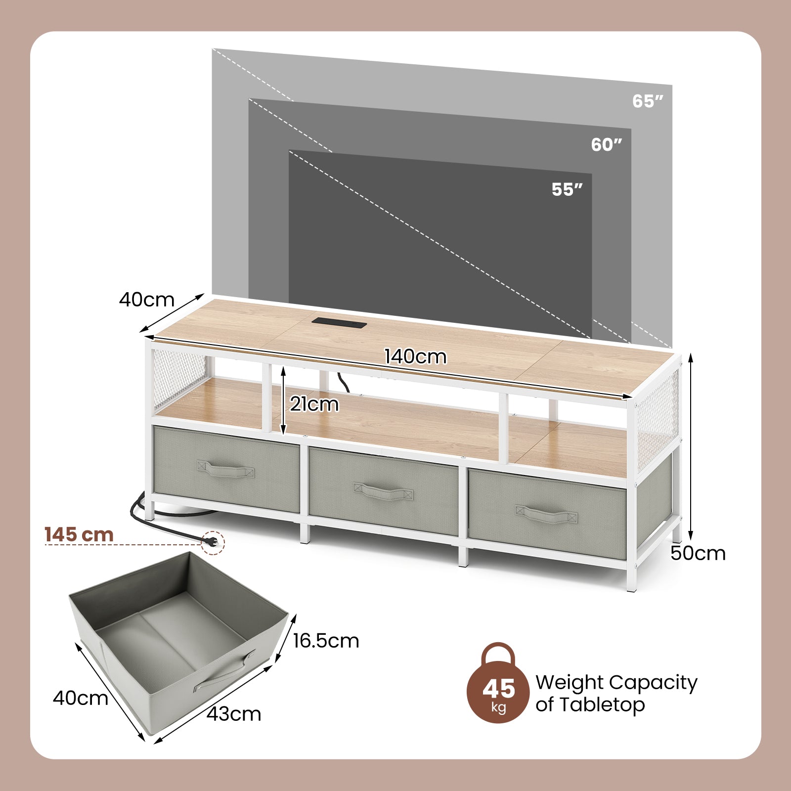 3-Tier TV Stand for TVs up to 65 Inch with Power Outlets USB Charging-Natural