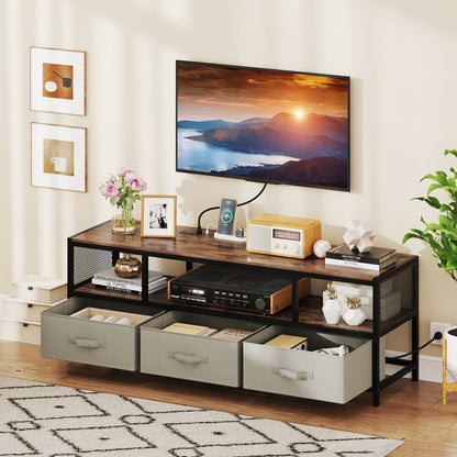 3-Tier TV Stand for TVs up to 65 Inch with Power Outlets USB Charging-Rustic Brown