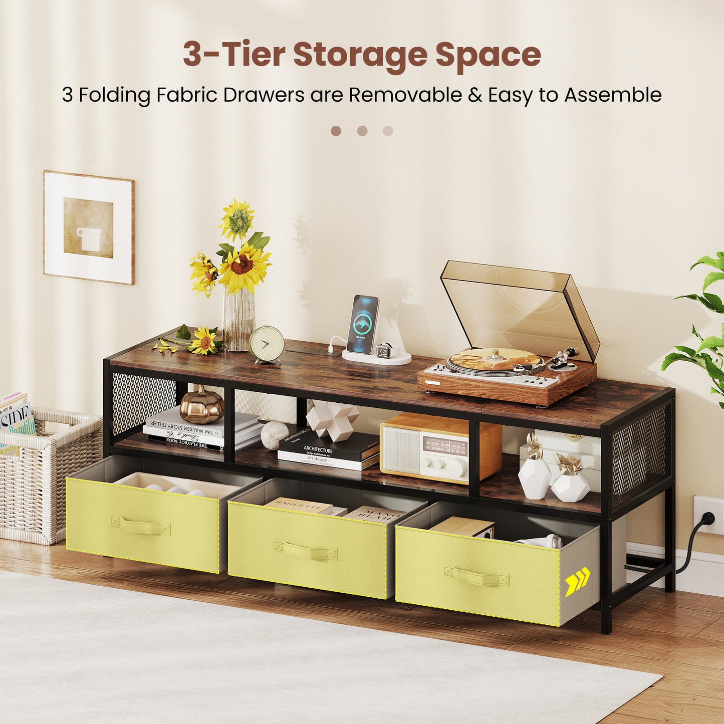 3-Tier TV Stand for TVs up to 65 Inch with Power Outlets USB Charging-Rustic Brown