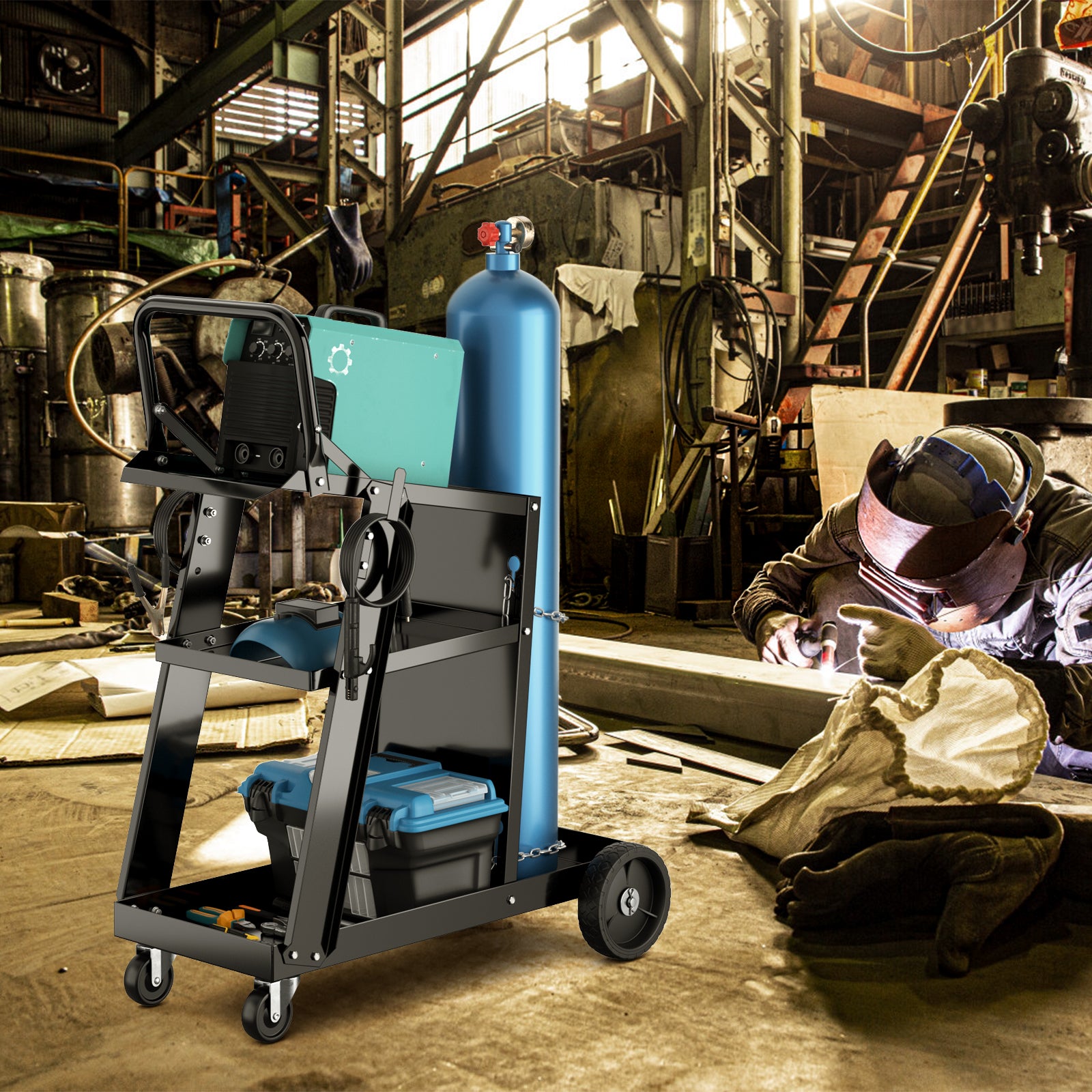 3-Tier Welding Cart Rolling Welder Cart with Tilt-Table and 4 Wheels