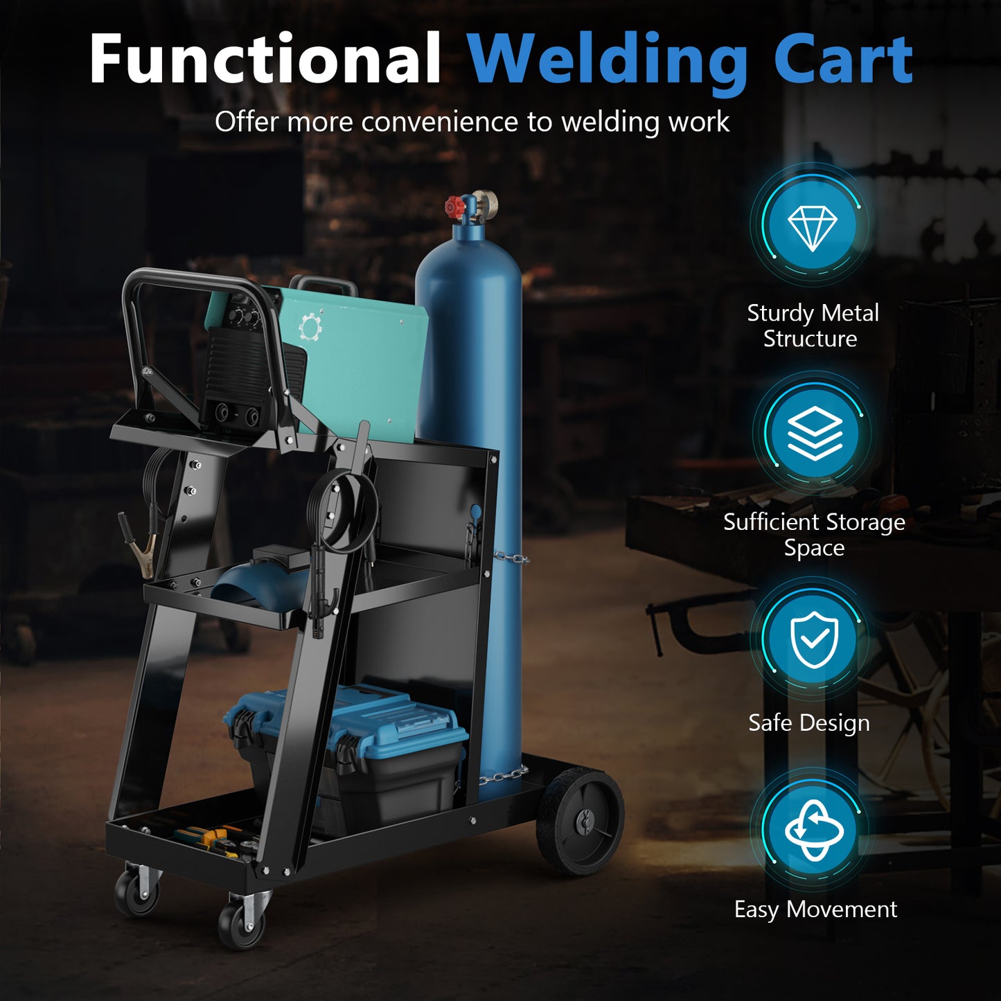 3-Tier Welding Cart Rolling Welder Cart with Tilt-Table and 4 Wheels