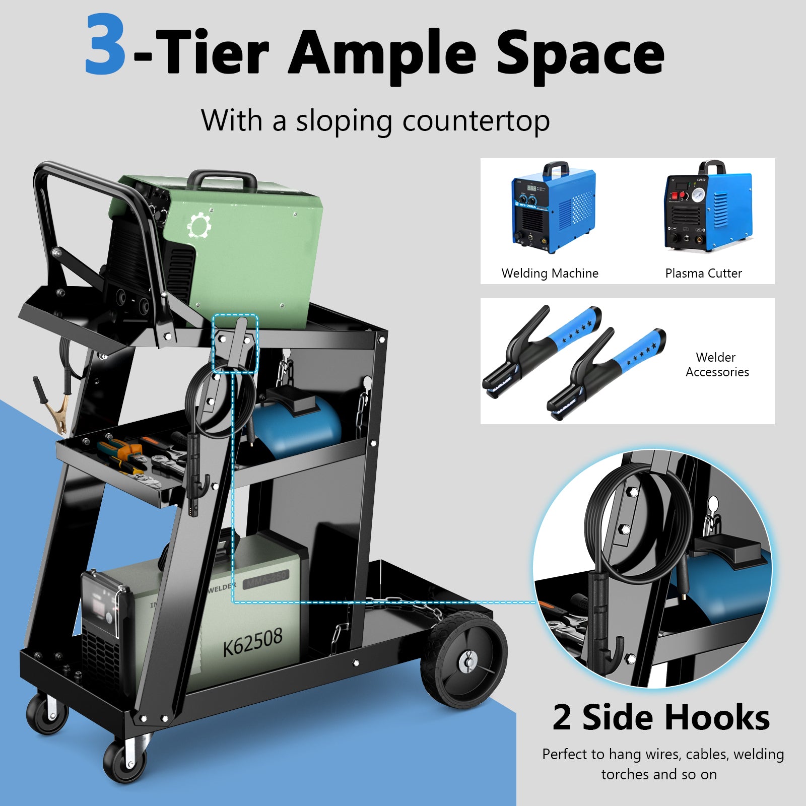 3-Tier Welding Cart Rolling Welder Cart with Tilt-Table and 4 Wheels