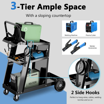 3-Tier Welding Cart Rolling Welder Cart with Tilt-Table and 4 Wheels
