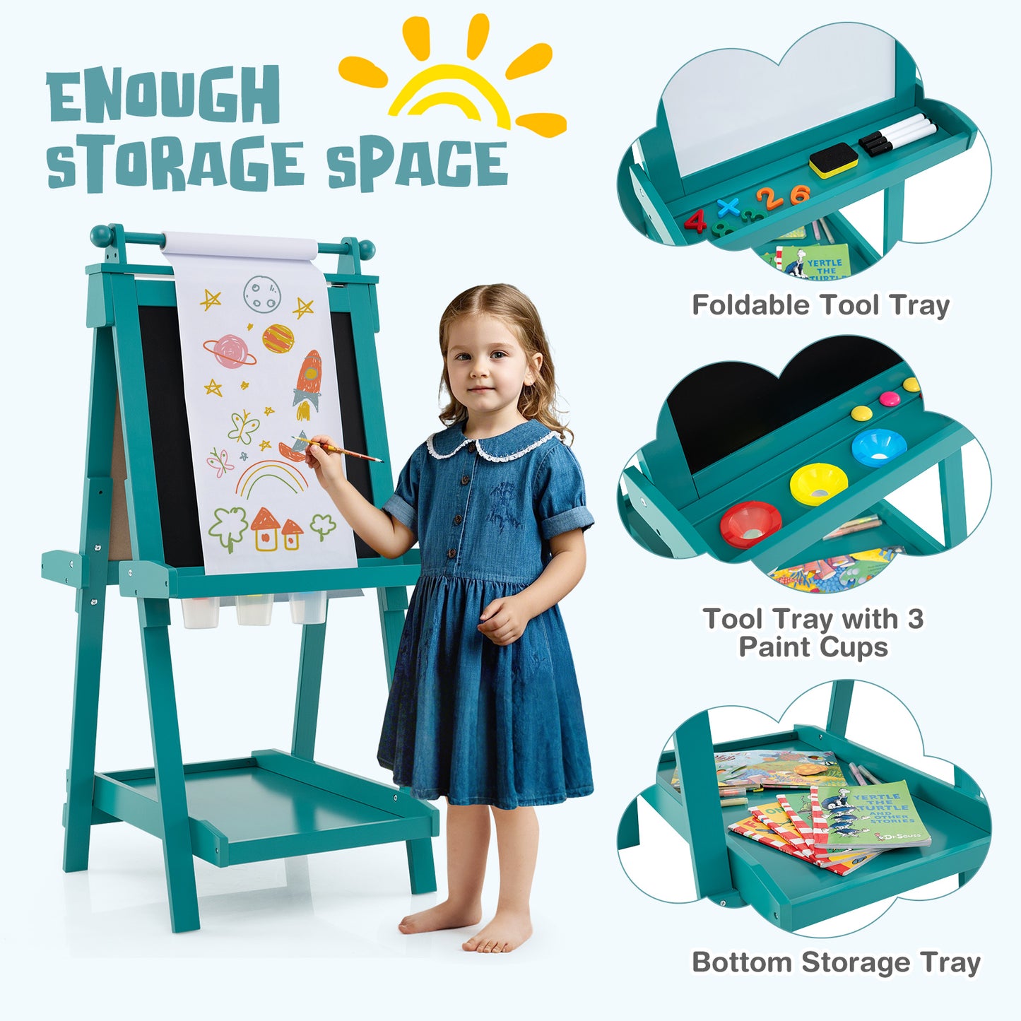 3-in-1 Foldable Double-sided Art Easel with Chalkboard and Whiteboard-Green