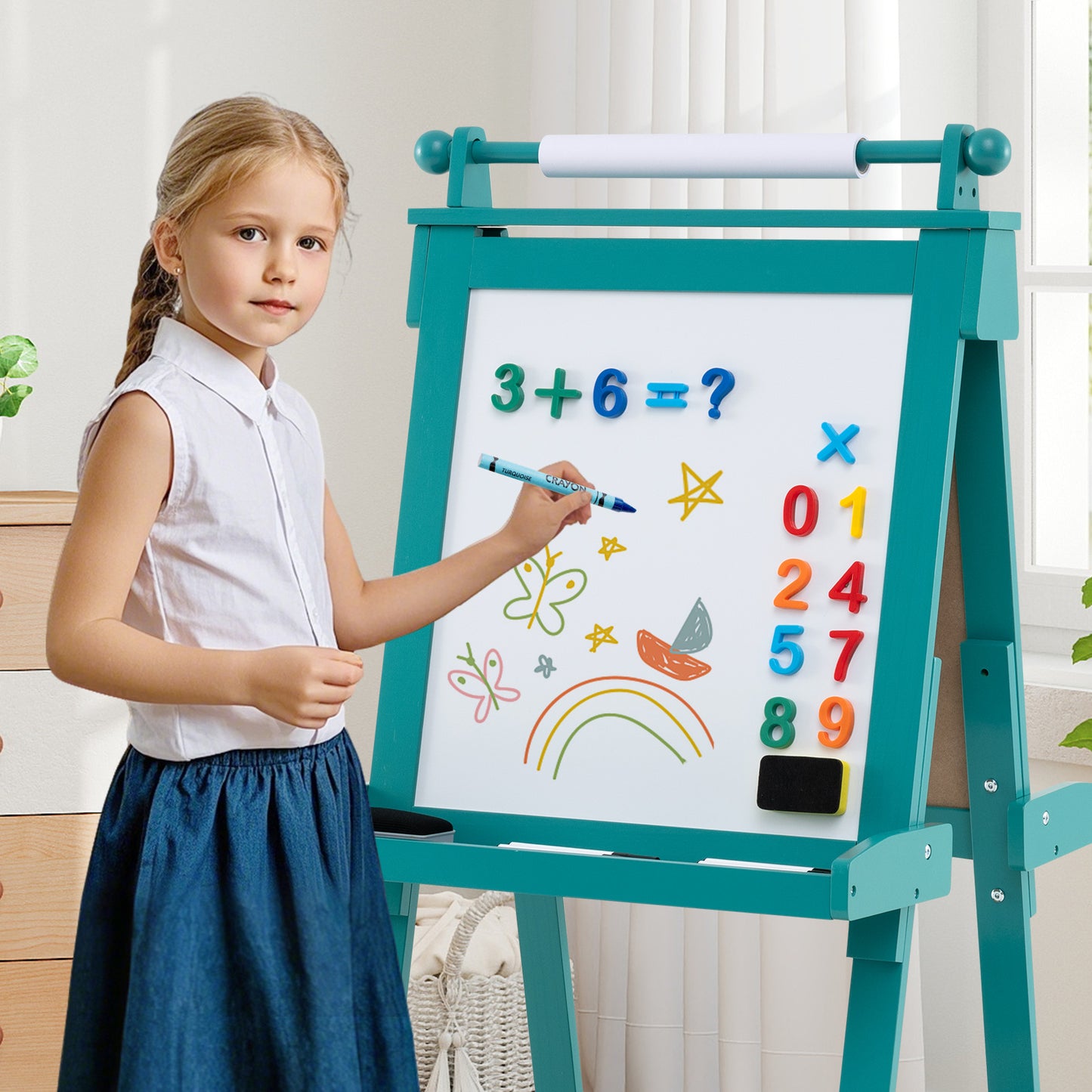 3-in-1 Foldable Double-sided Art Easel with Chalkboard and Whiteboard-Green