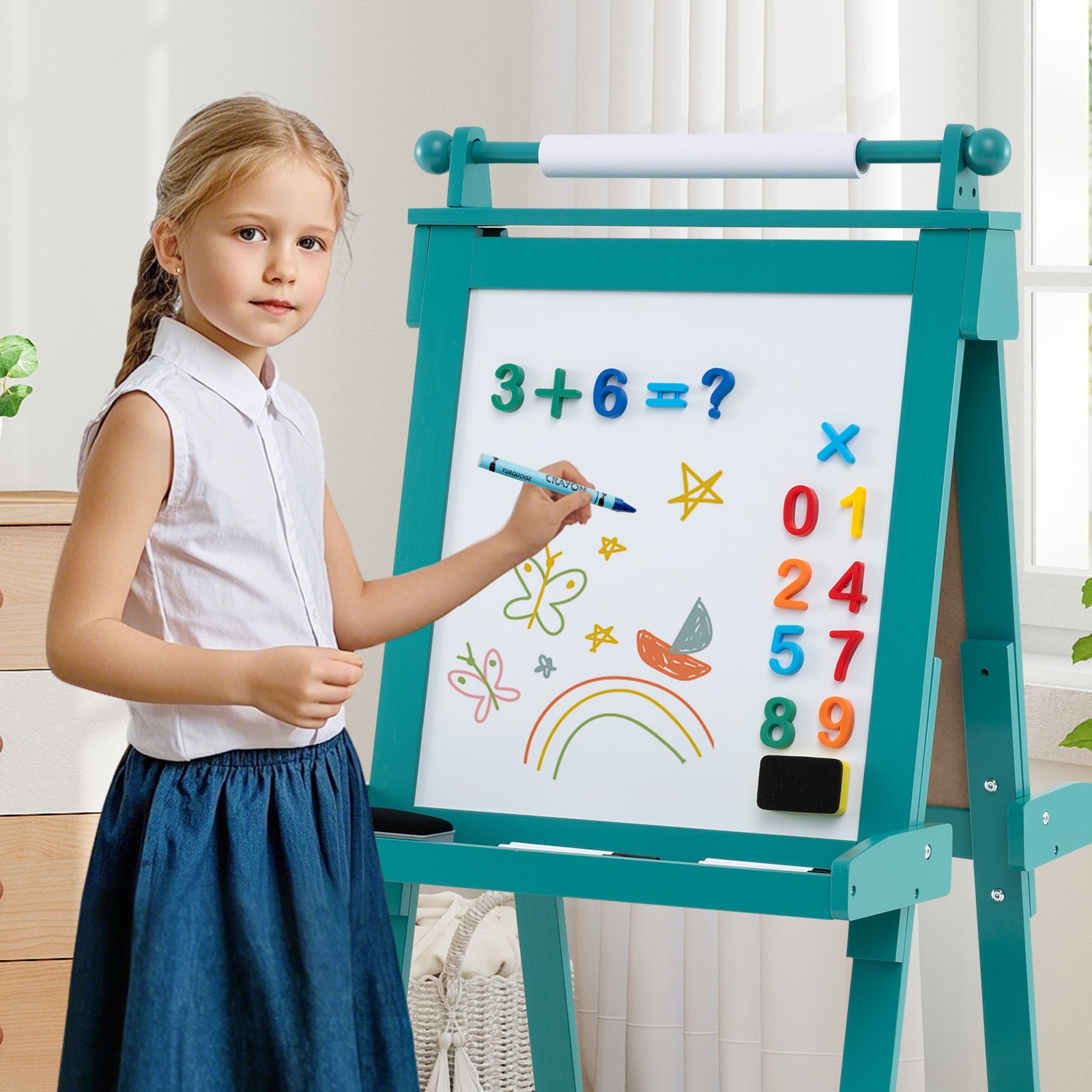 3-in-1 Foldable Double-sided Art Easel with Chalkboard and Whiteboard-Green