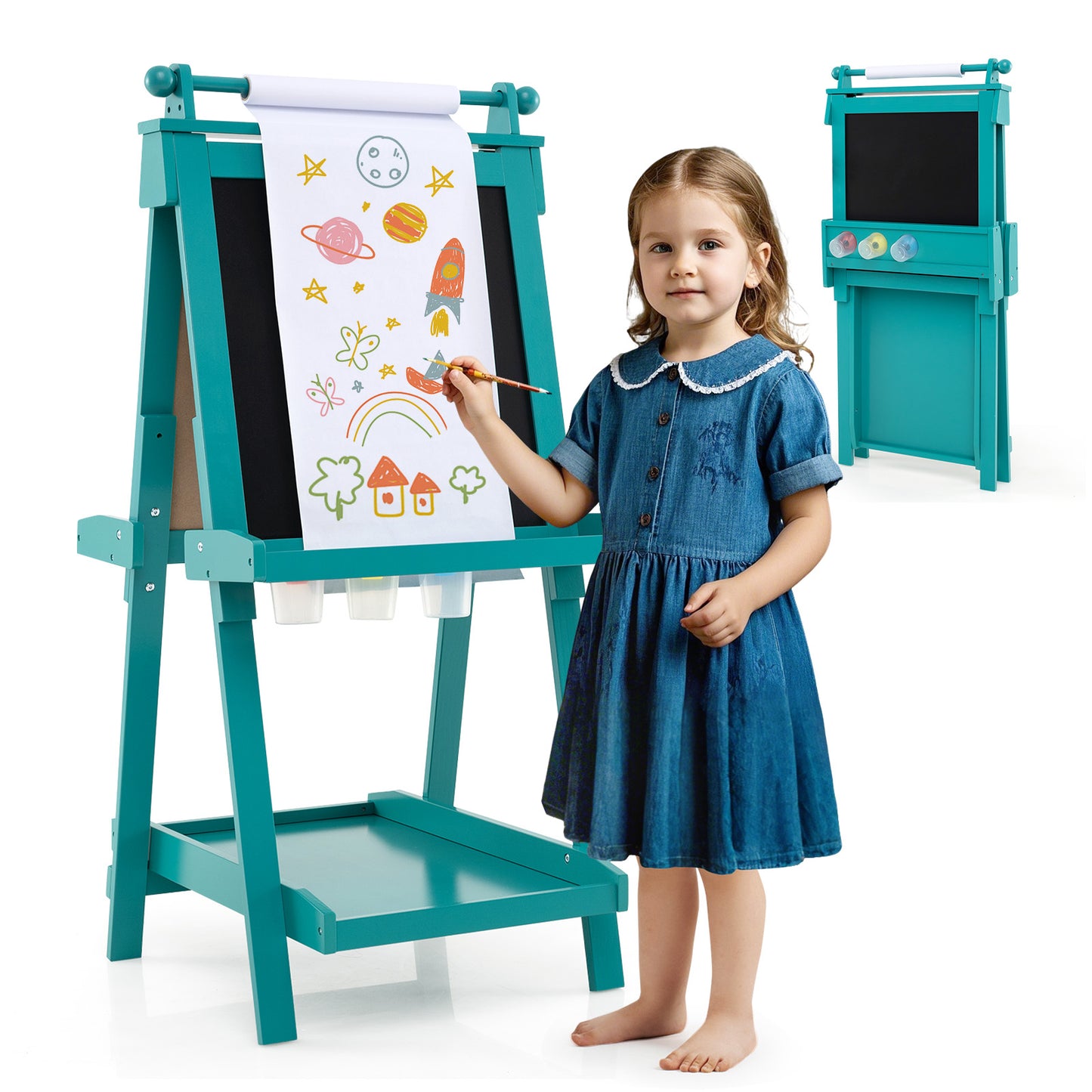 3-in-1 Foldable Double-sided Art Easel with Chalkboard and Whiteboard-Green