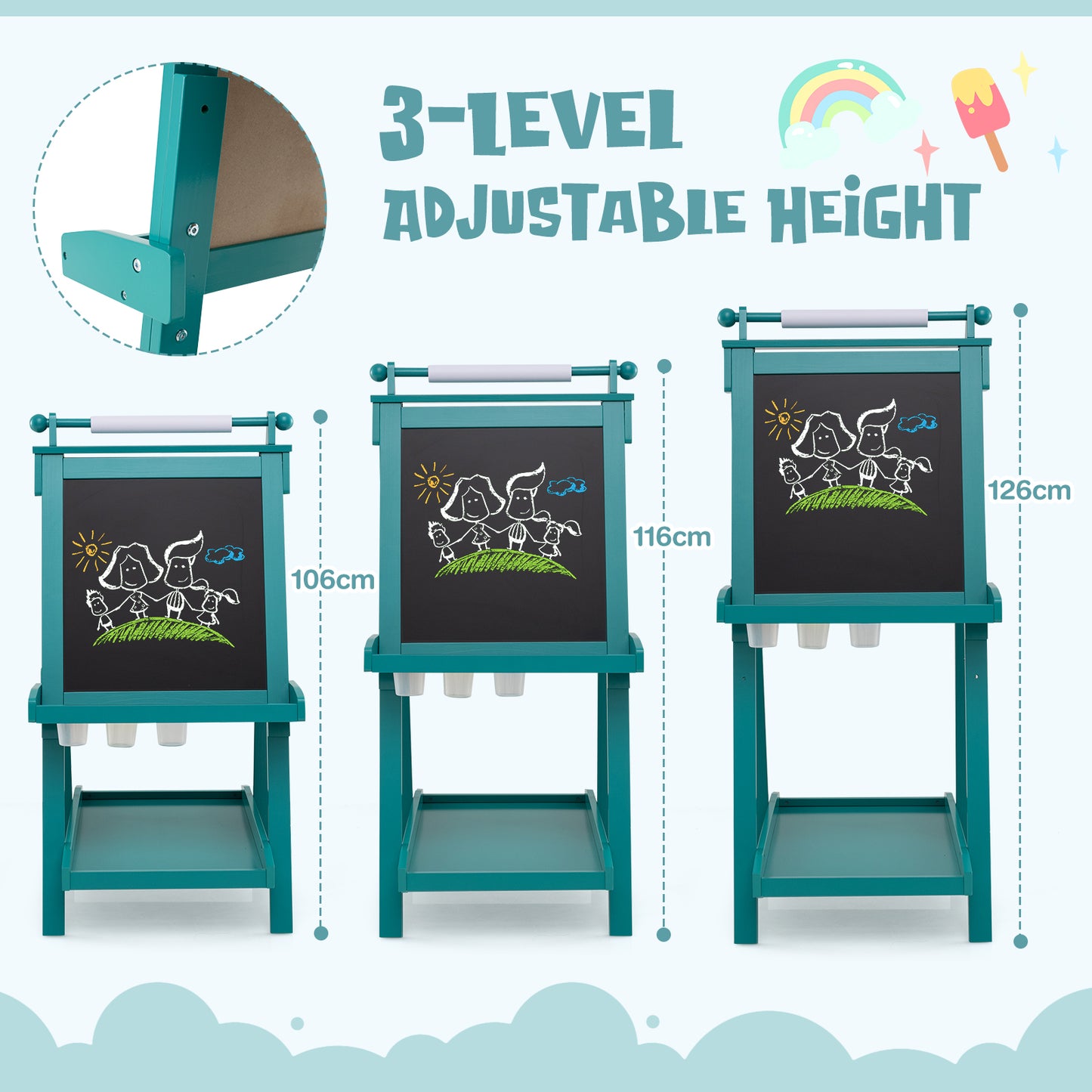 3-in-1 Foldable Double-sided Art Easel with Chalkboard and Whiteboard-Green