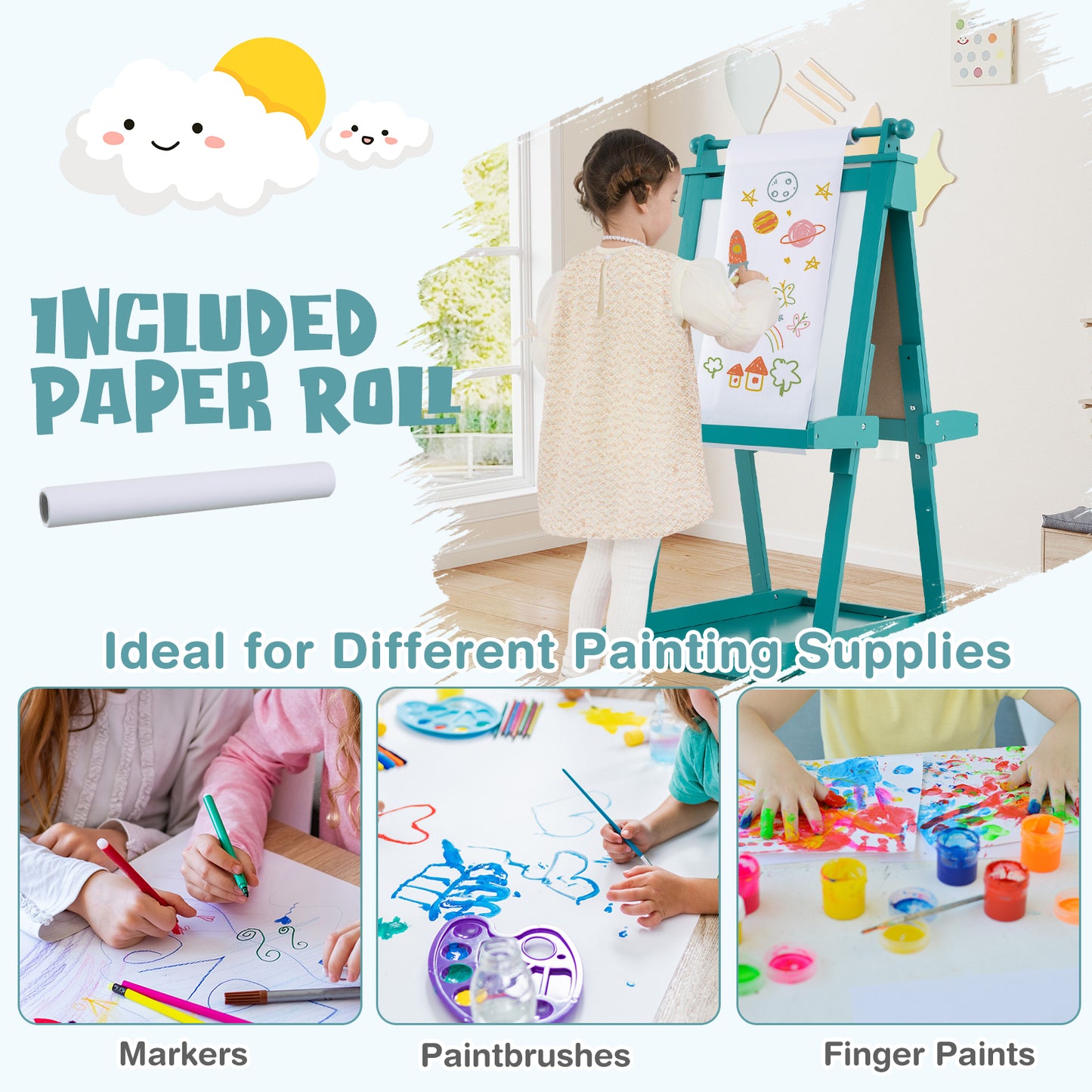 3-in-1 Foldable Double-sided Art Easel with Chalkboard and Whiteboard-Green