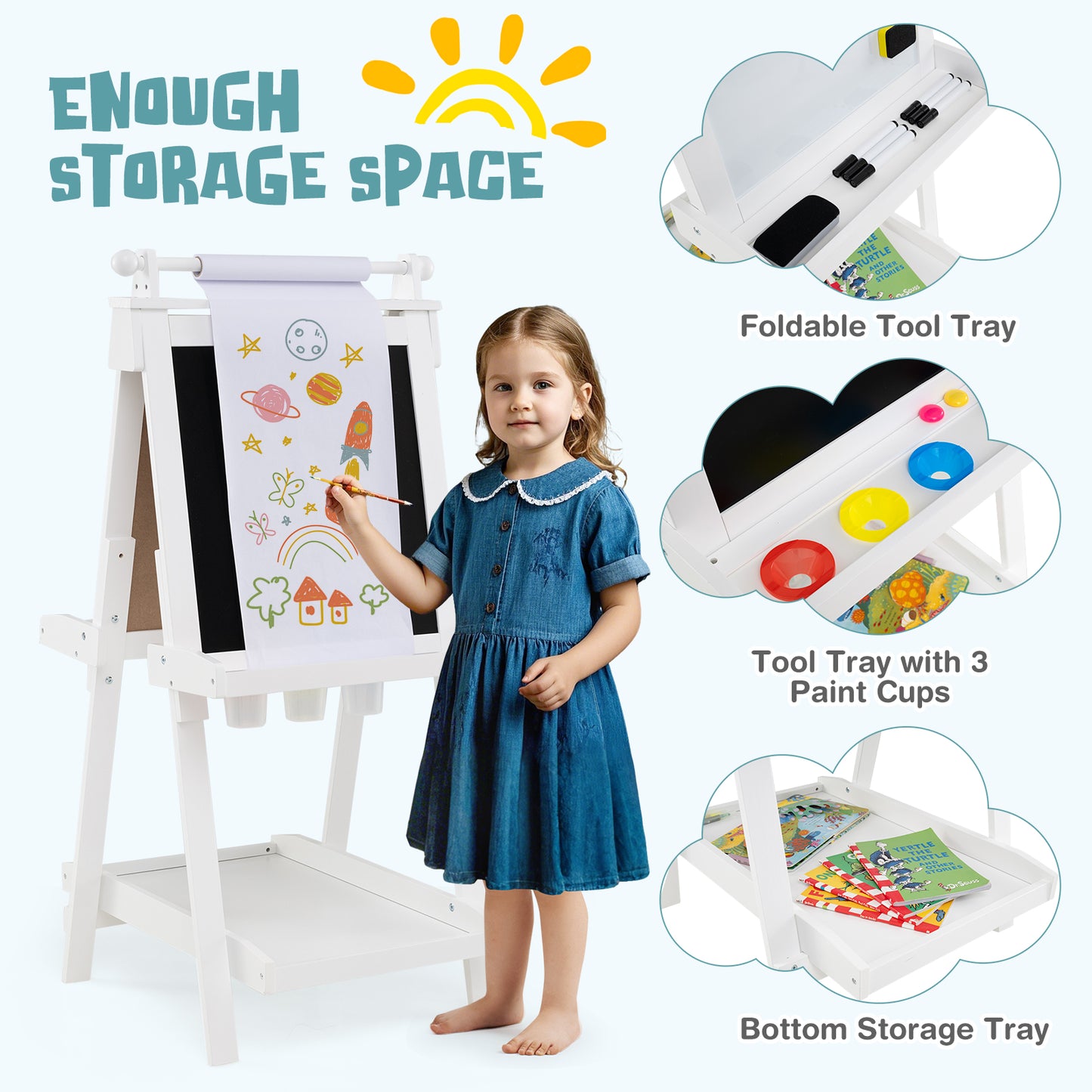 3-in-1 Foldable Double-sided Art Easel with Chalkboard and Whiteboard-White