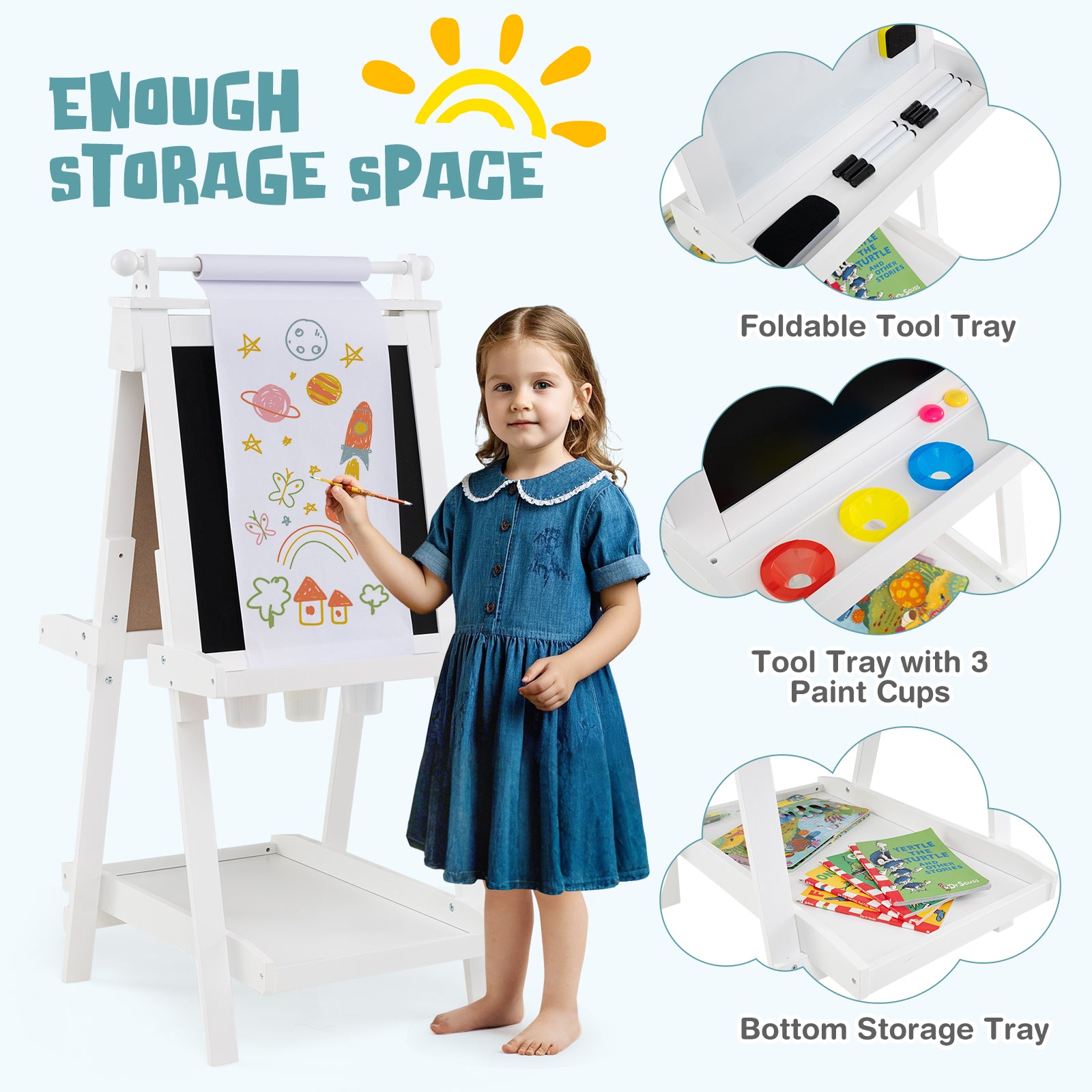 3-in-1 Foldable Double-sided Art Easel with Chalkboard and Whiteboard-White