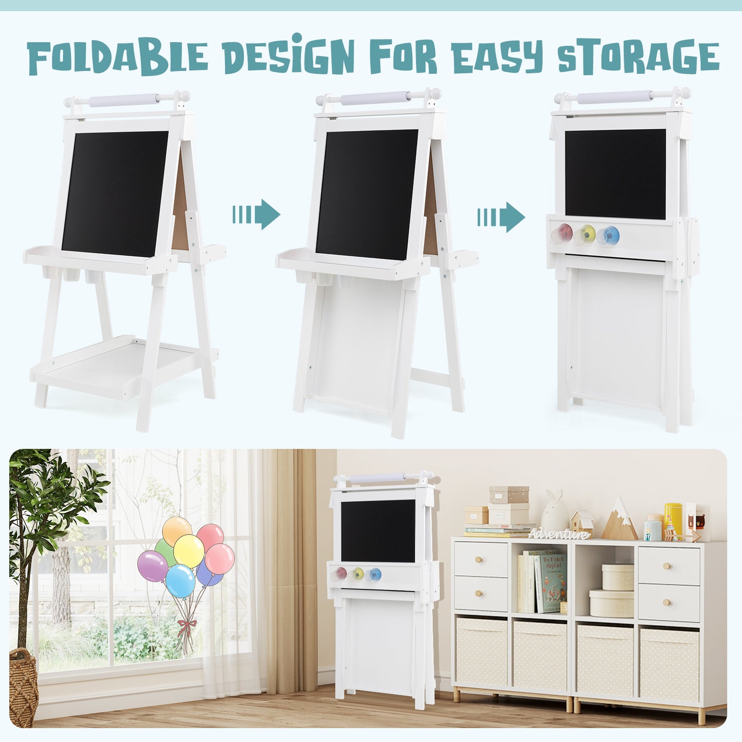 3-in-1 Foldable Double-sided Art Easel with Chalkboard and Whiteboard-White