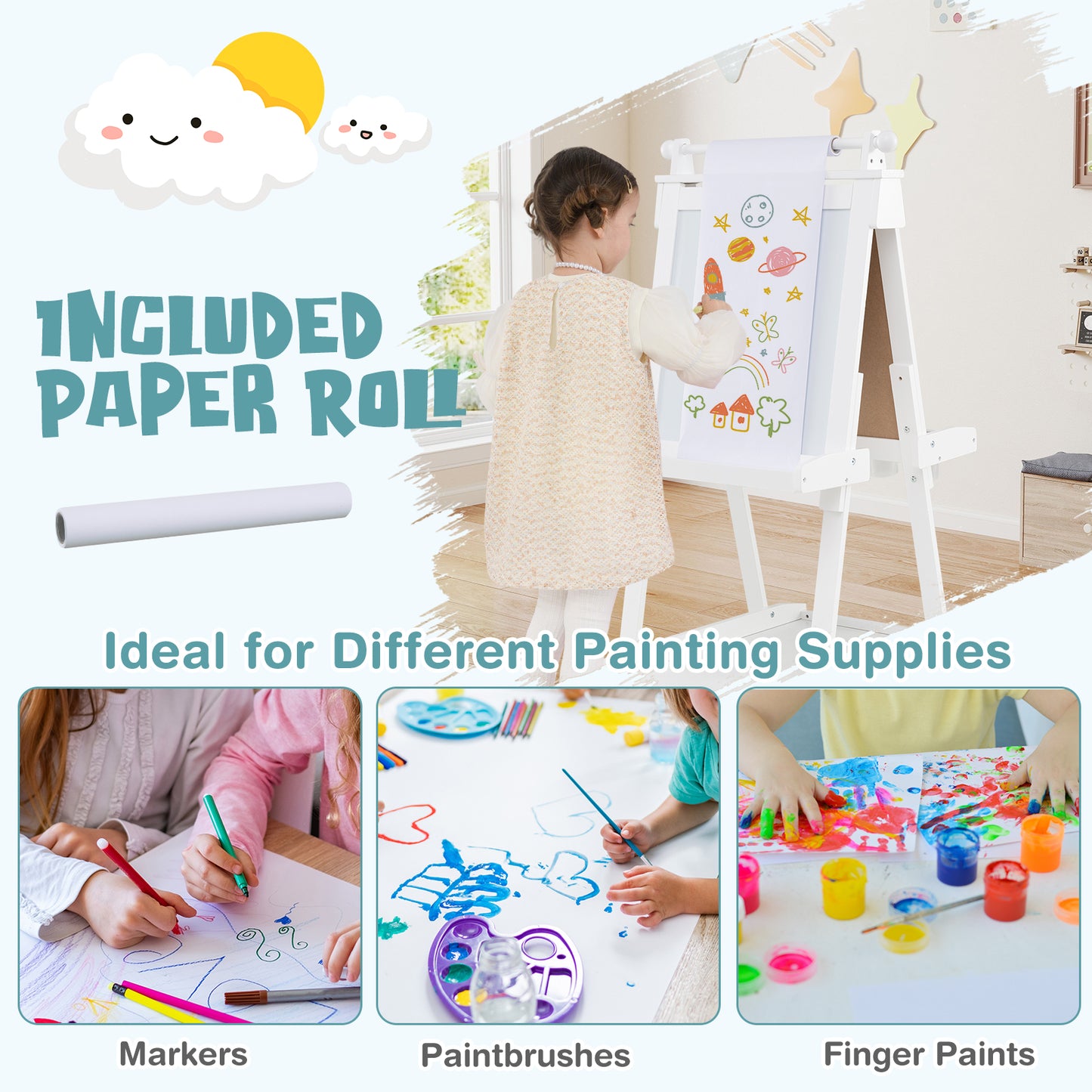 3-in-1 Foldable Double-sided Art Easel with Chalkboard and Whiteboard-White