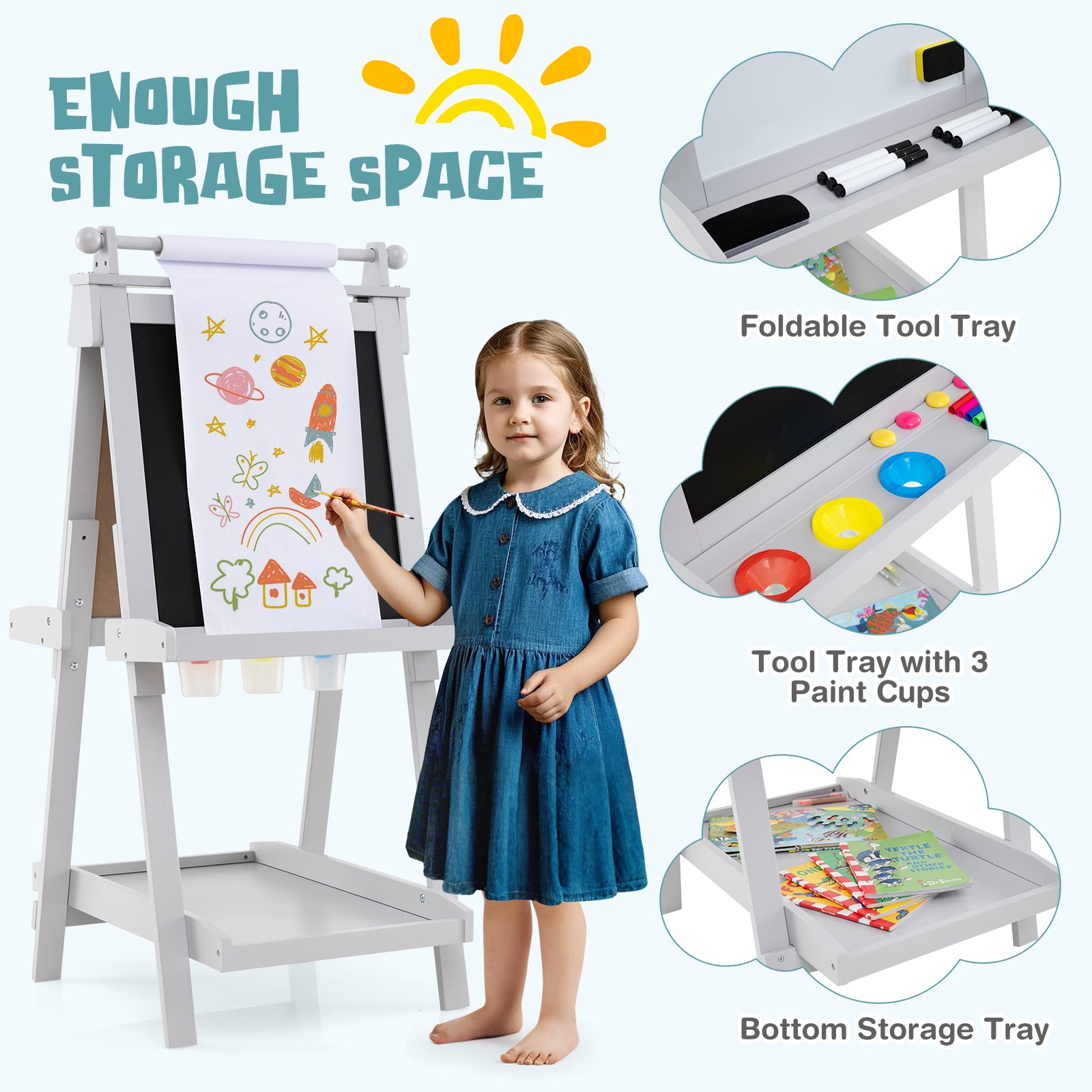 3-in-1 Foldable Double-sided Art Easel with Chalkboard and Whiteboard-Grey