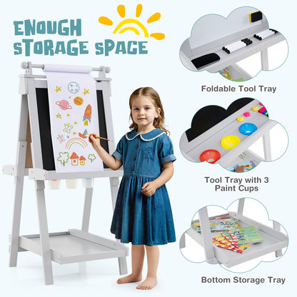 3-in-1 Foldable Double-sided Art Easel with Chalkboard and Whiteboard-Grey