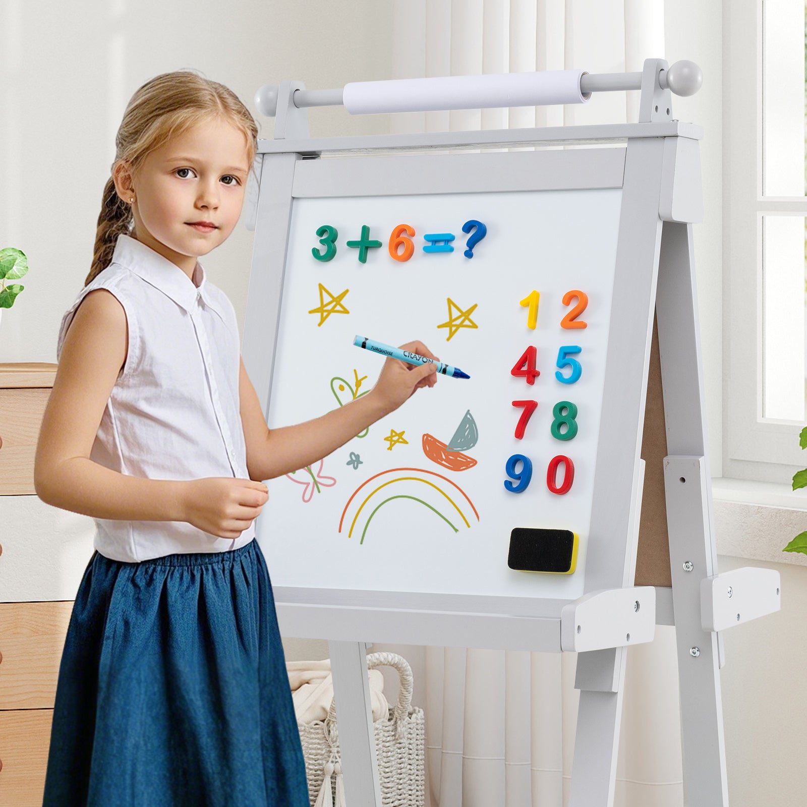 3-in-1 Foldable Double-sided Art Easel with Chalkboard and Whiteboard-Grey