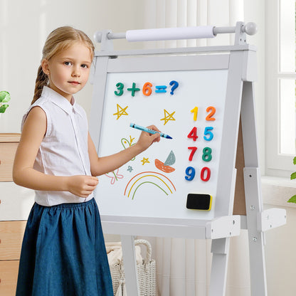 3-in-1 Foldable Double-sided Art Easel with Chalkboard and Whiteboard-Grey