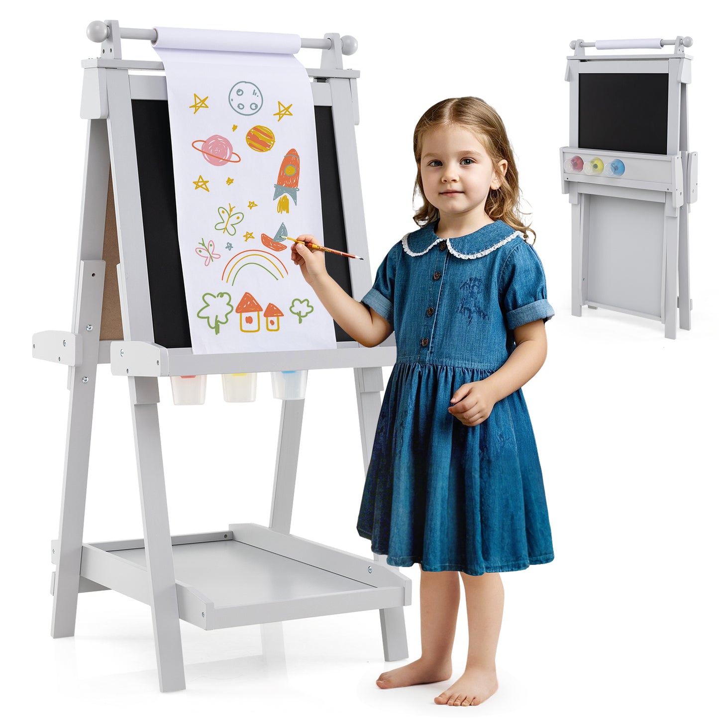 3-in-1 Foldable Double-sided Art Easel with Chalkboard and Whiteboard-Grey