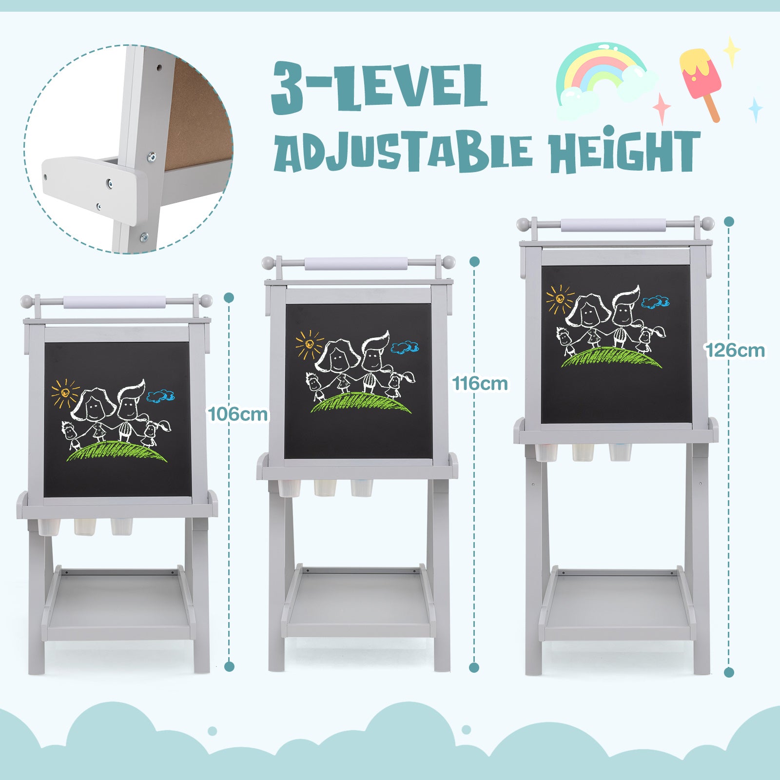 3-in-1 Foldable Double-sided Art Easel with Chalkboard and Whiteboard-Grey