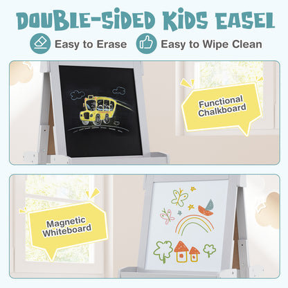 3-in-1 Foldable Double-sided Art Easel with Chalkboard and Whiteboard-Grey