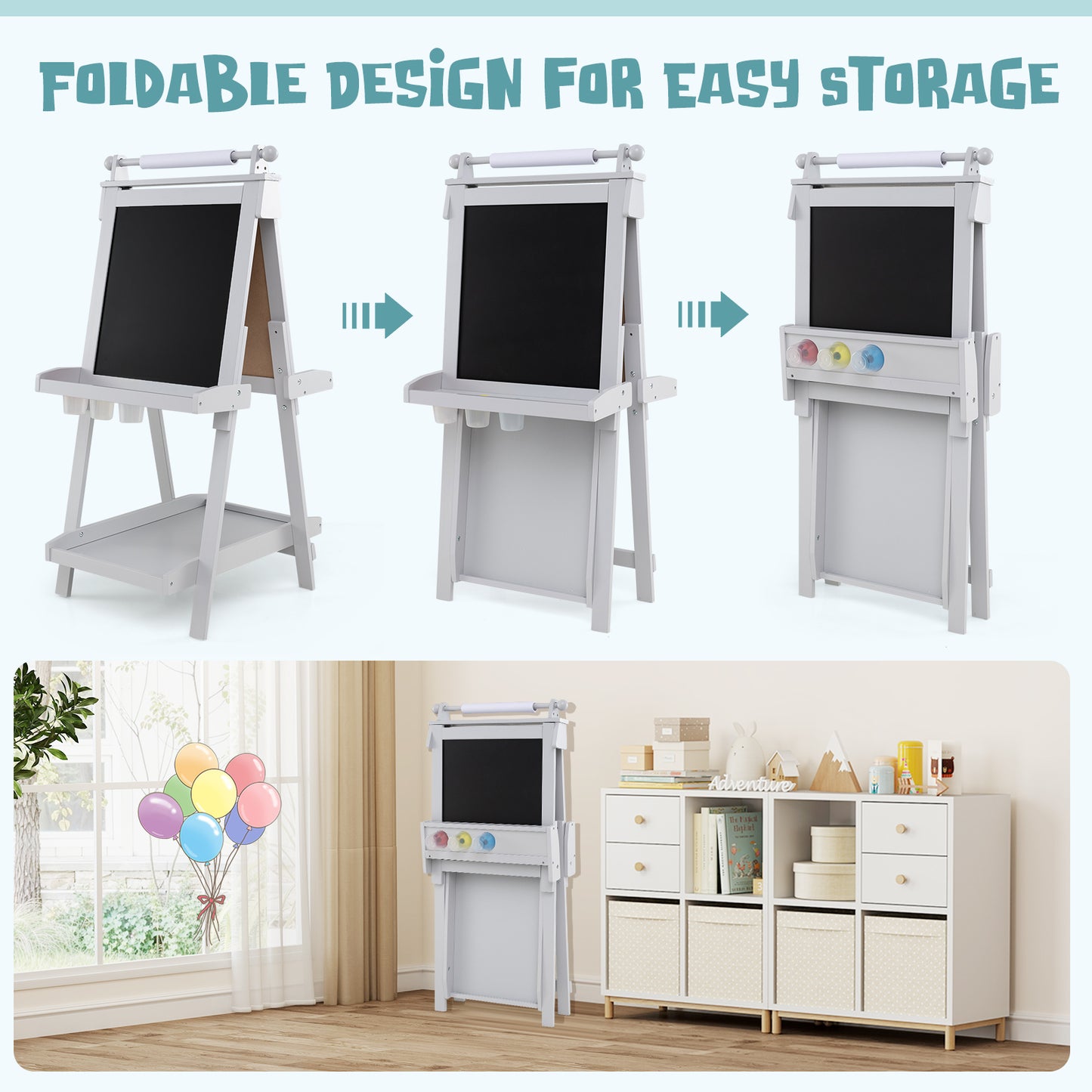 3-in-1 Foldable Double-sided Art Easel with Chalkboard and Whiteboard-Grey