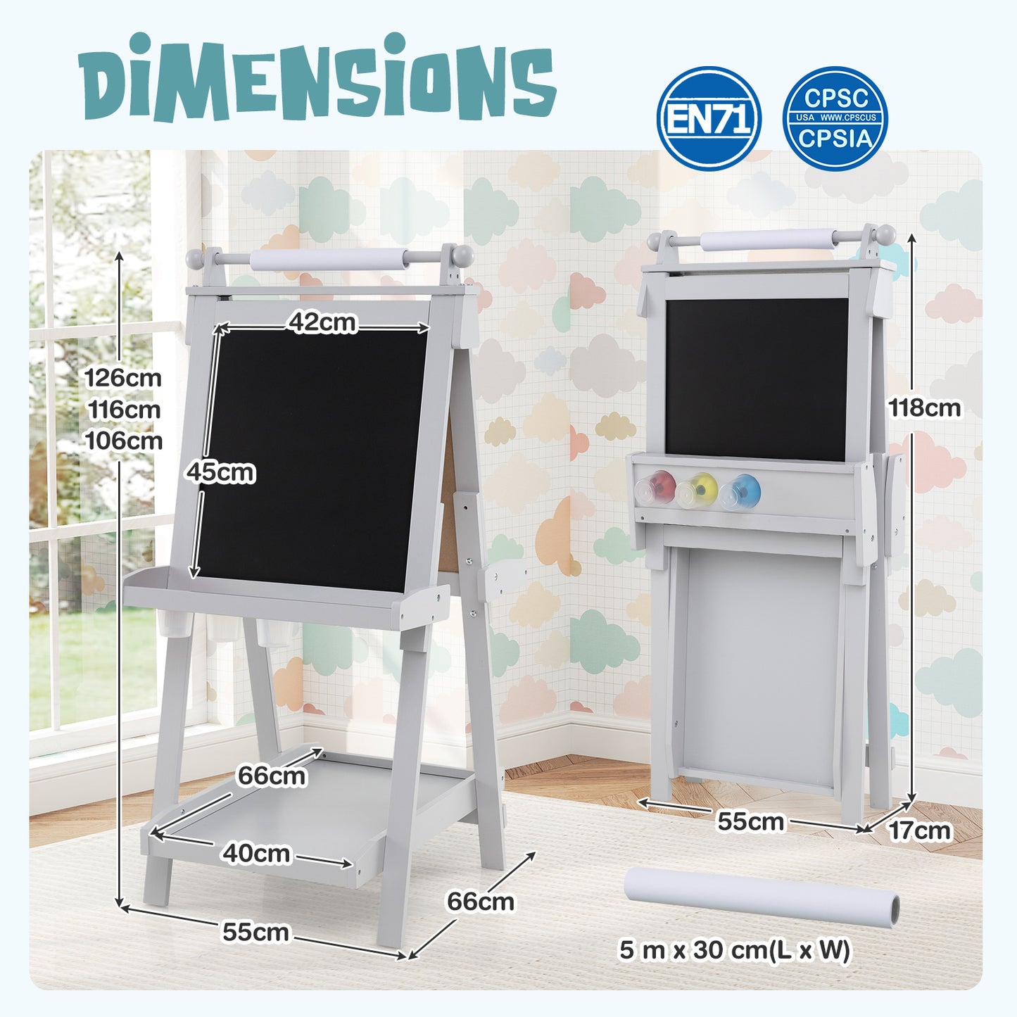 3-in-1 Foldable Double-sided Art Easel with Chalkboard and Whiteboard-Grey