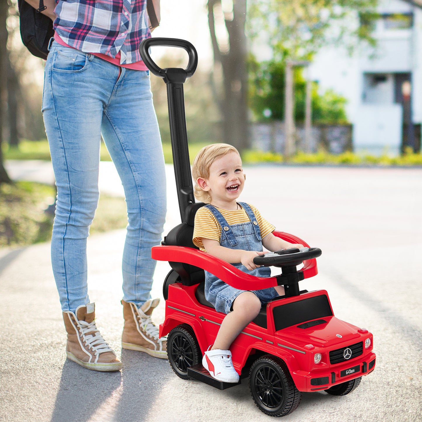 3-in-1 Licensed Mercedes Benz Ride on Push Car with Push Handle-Red