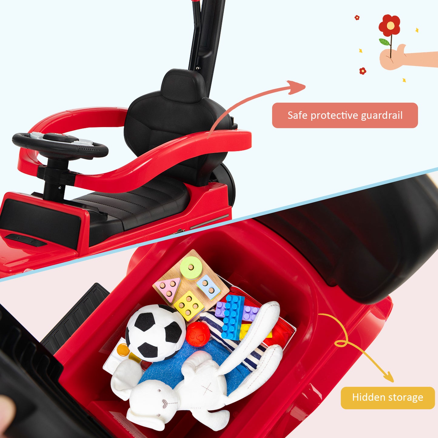 3-in-1 Licensed Mercedes Benz Ride on Push Car with Push Handle-Red