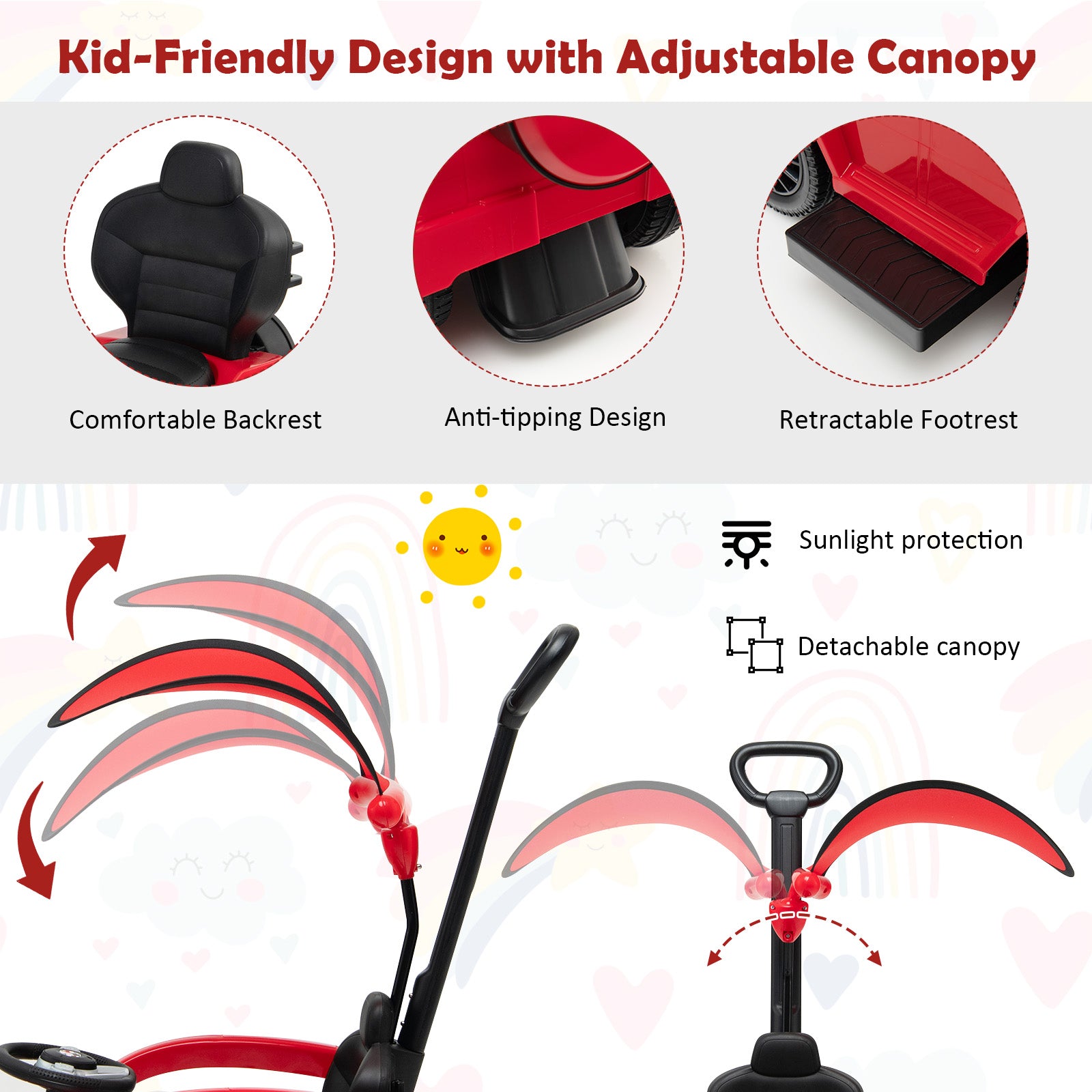 3-in-1 Licensed Mercedes Benz Ride on Push Car with Push Handle-Red