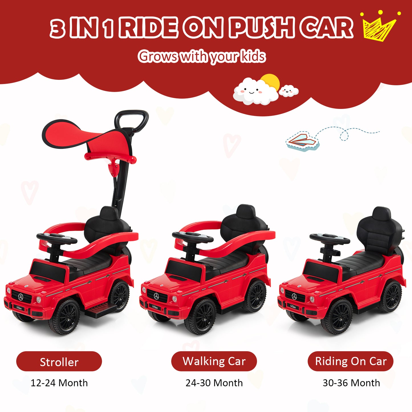 3-in-1 Licensed Mercedes Benz Ride on Push Car with Push Handle-Red