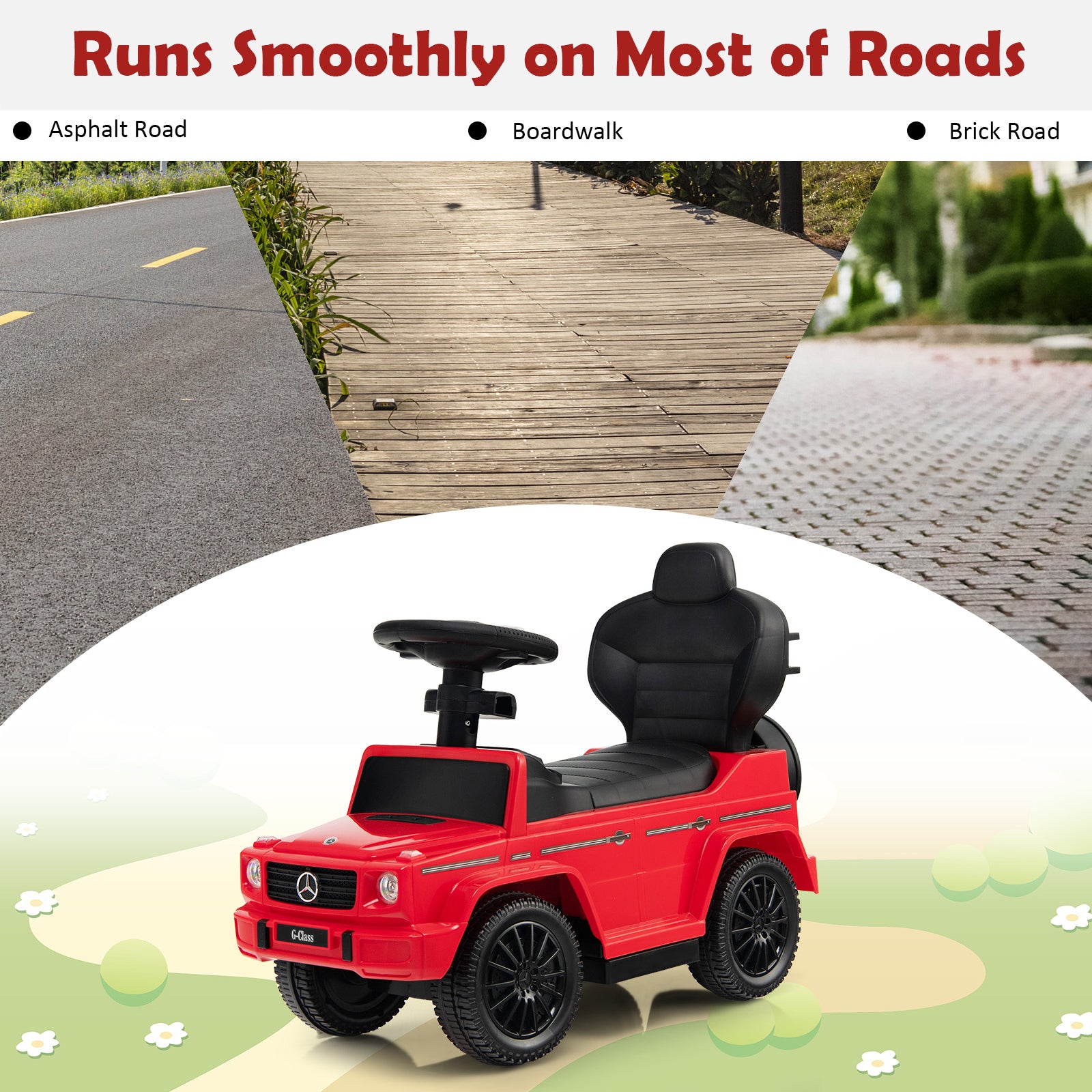 3-in-1 Licensed Mercedes Benz Ride on Push Car with Push Handle-Red