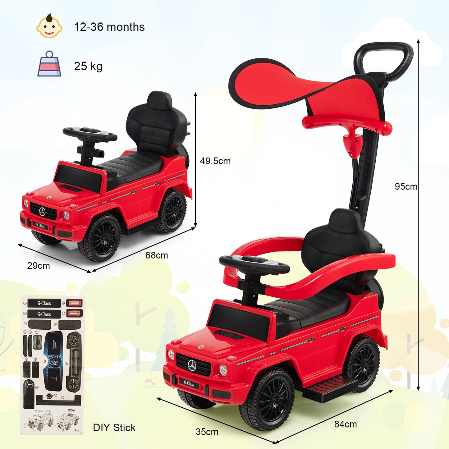 3-in-1 Licensed Mercedes Benz Ride on Push Car with Push Handle-Red