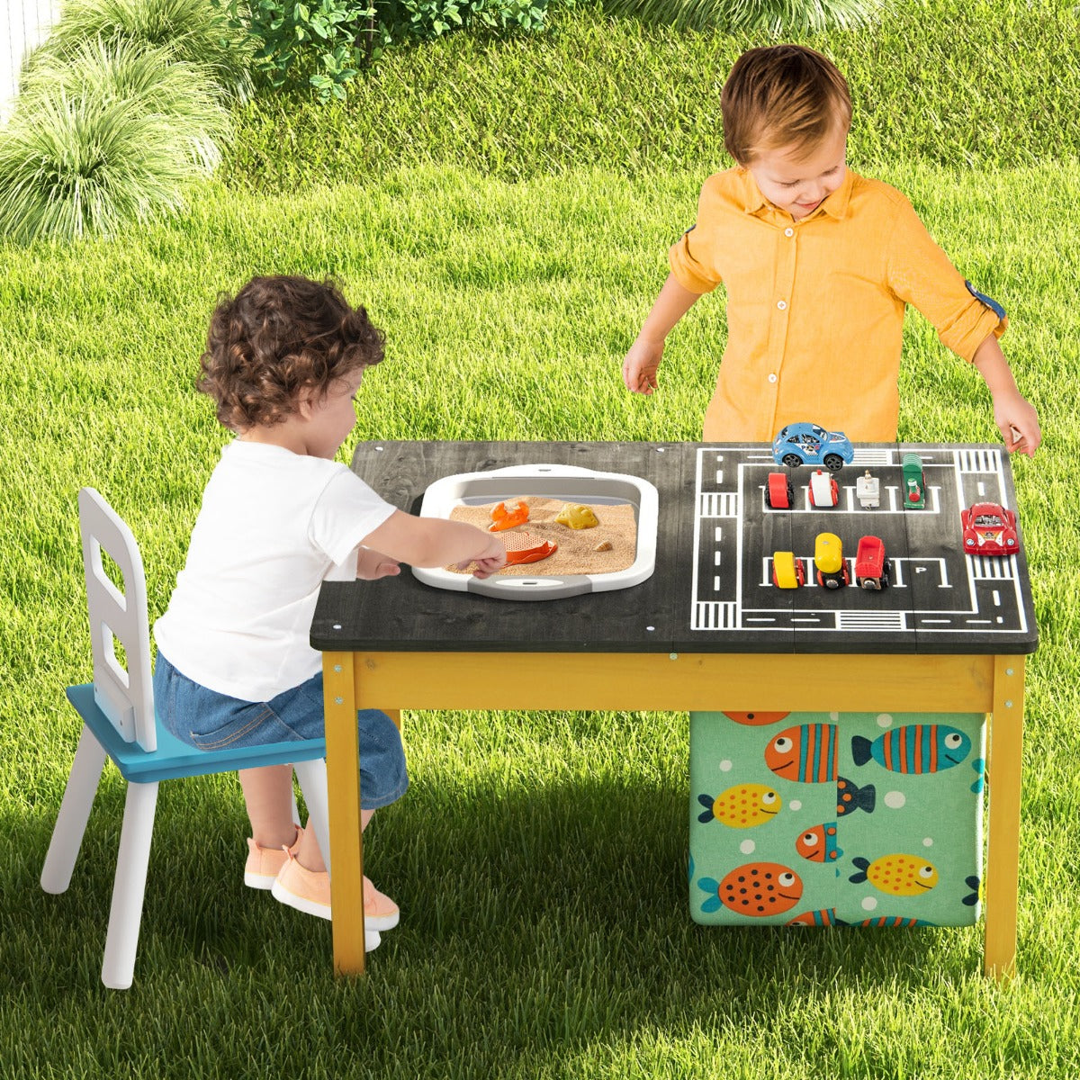 Highway pattern kids game table with charming animal designs to encourage imaginative racing play
