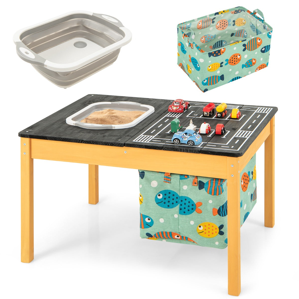Wooden children's game table with removable racing tabletop and built-in storage basin for sensory activities
