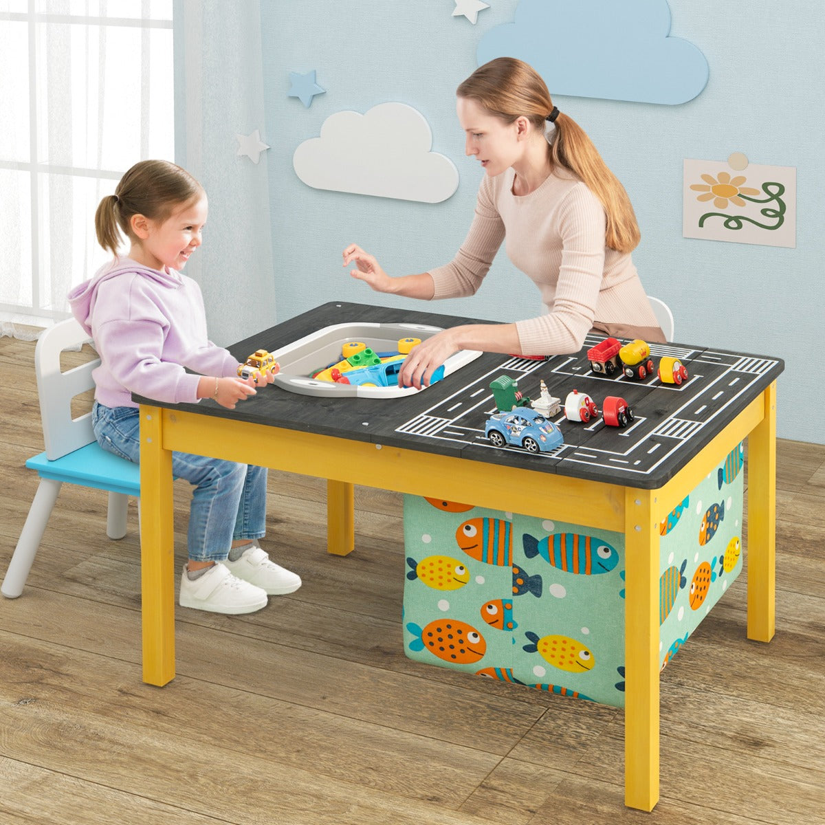 Stable fir wood activity table with rounded corners, water-based paint and durable construction