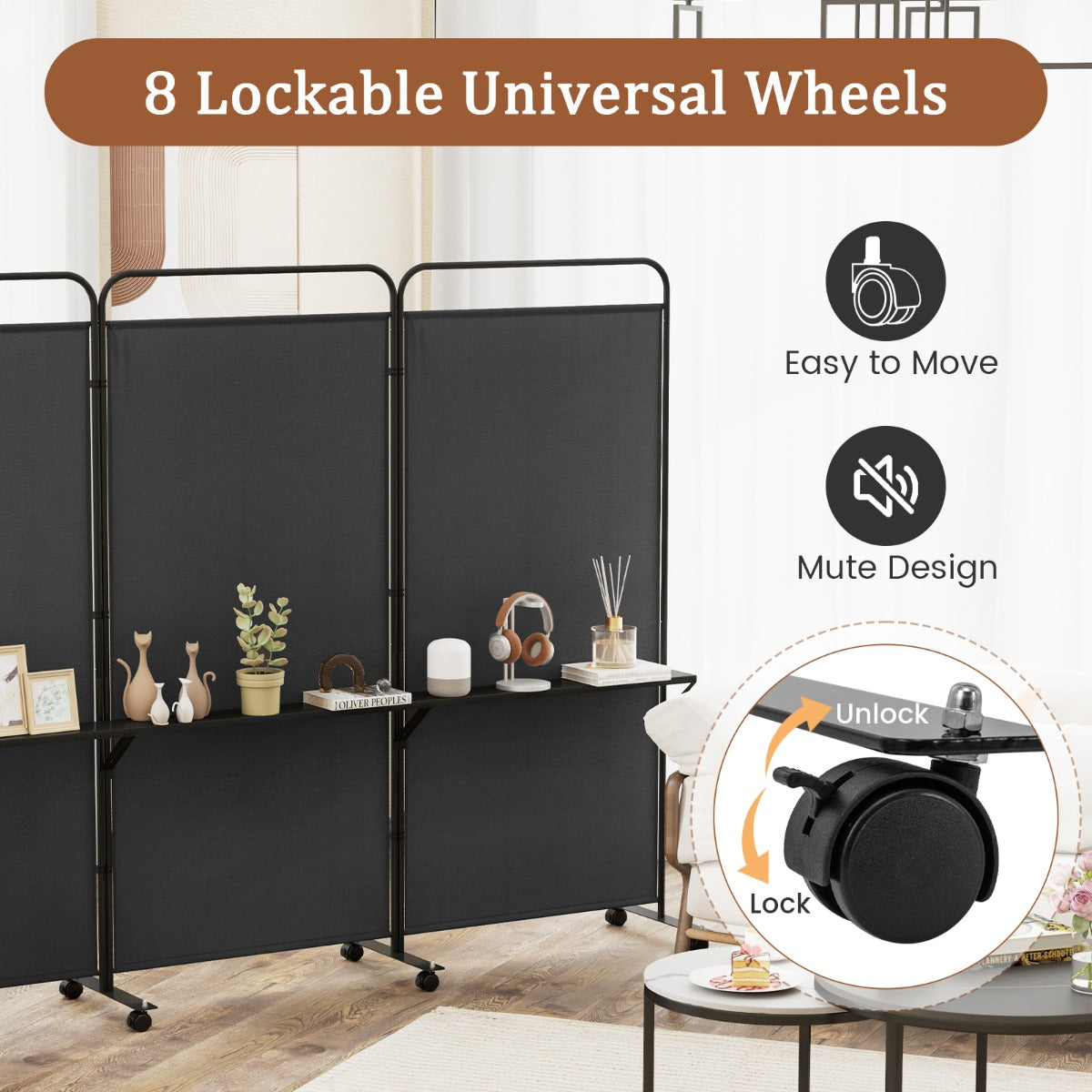 3-Panel 188cm Rolling Privacy Screen Folding Room Divider-Black